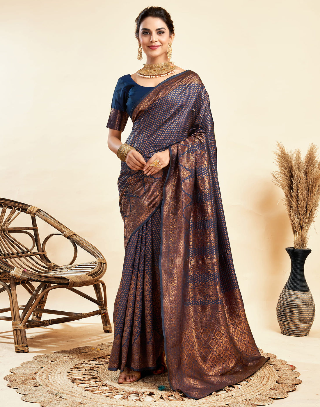 Navy Blue Silk Woven Banarasi Saree