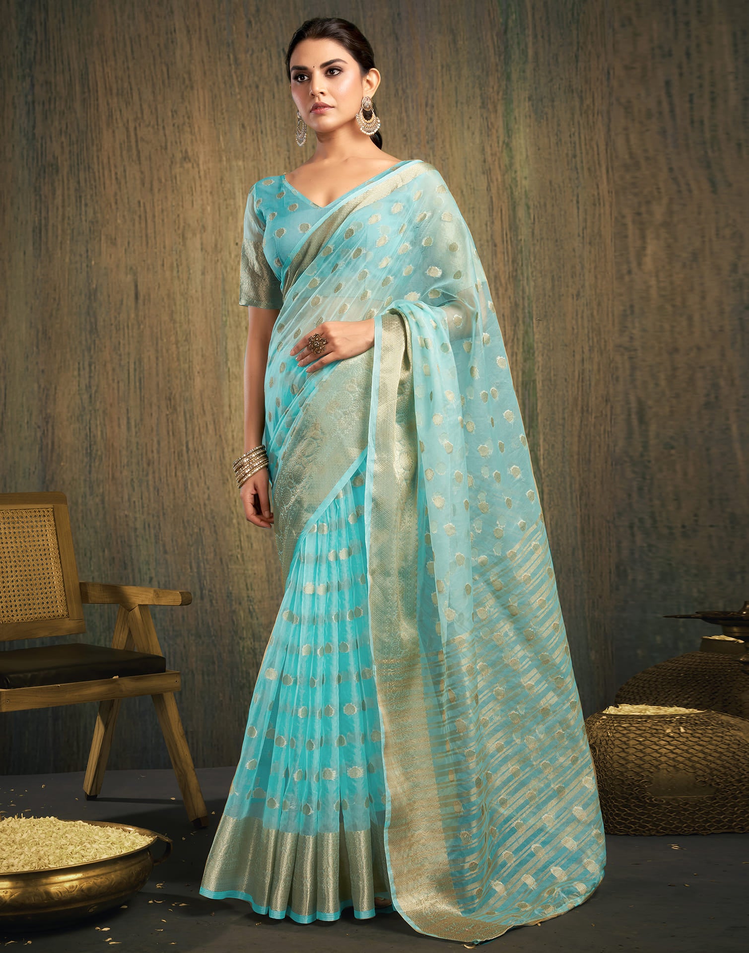 Sky Blue Organza Woven Foil Printed Saree