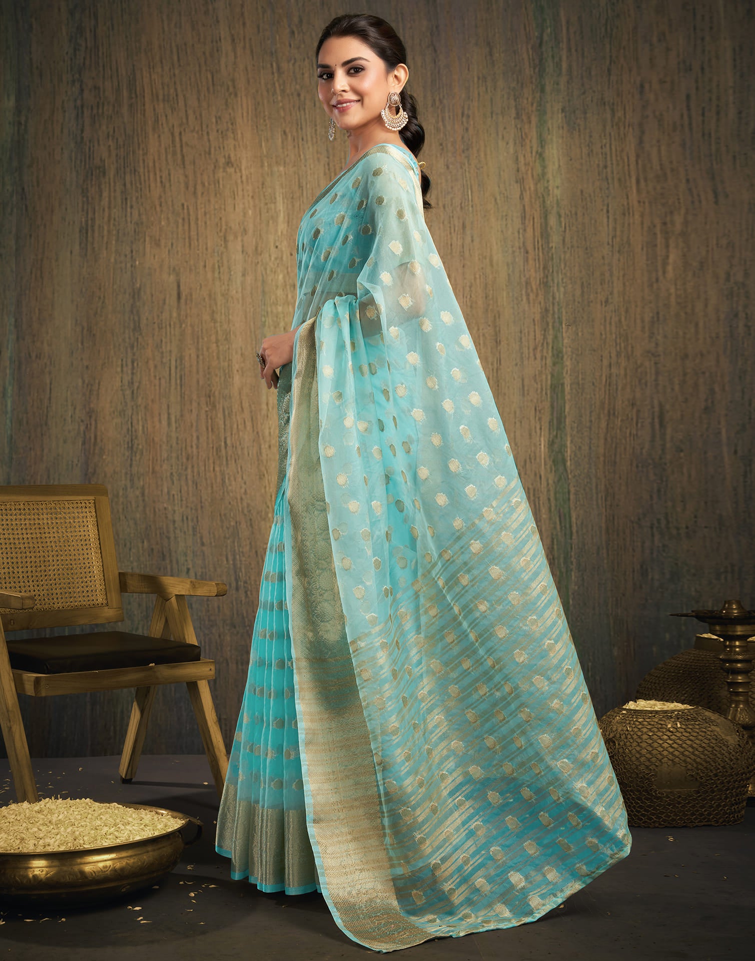 Sky Blue Organza Woven Foil Printed Saree