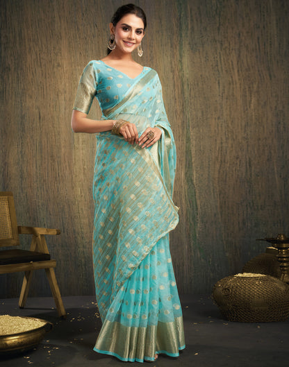 Sky Blue Organza Woven Foil Printed Saree