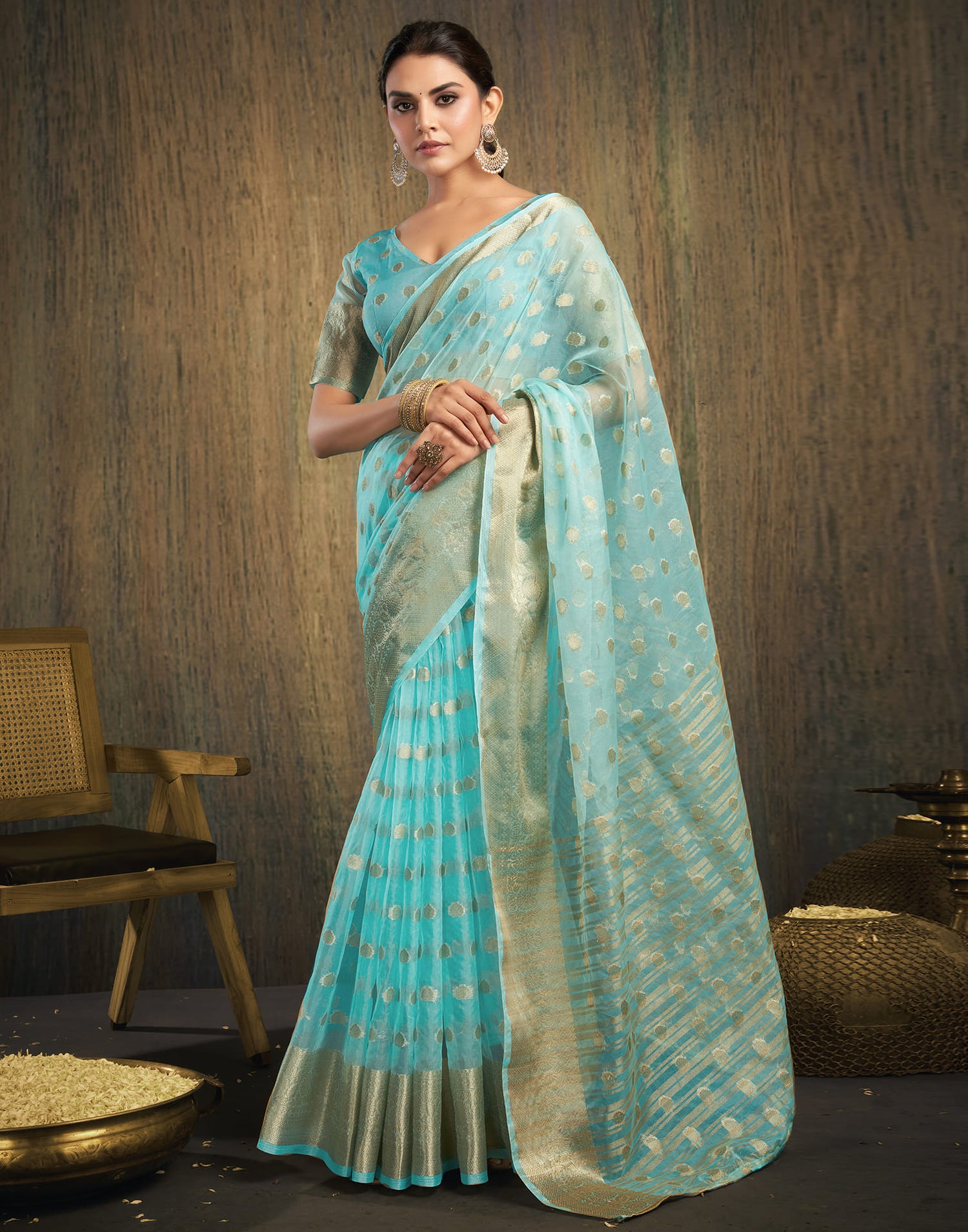 Sky Blue Organza Woven Foil Printed Saree