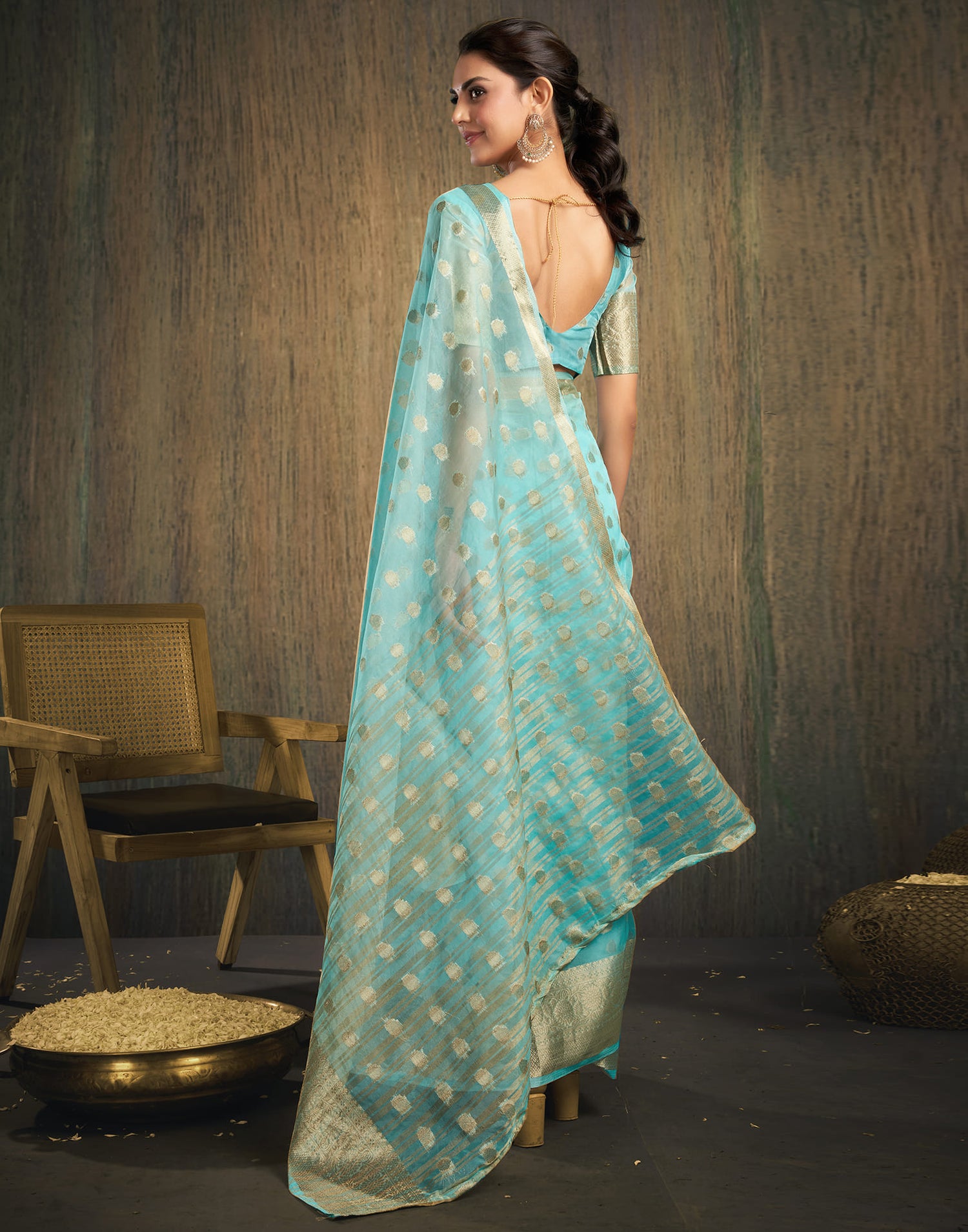 Sky Blue Organza Woven Foil Printed Saree