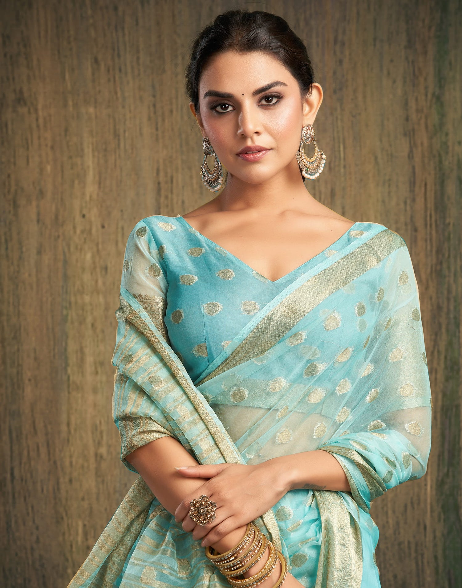 Sky Blue Organza Woven Foil Printed Saree