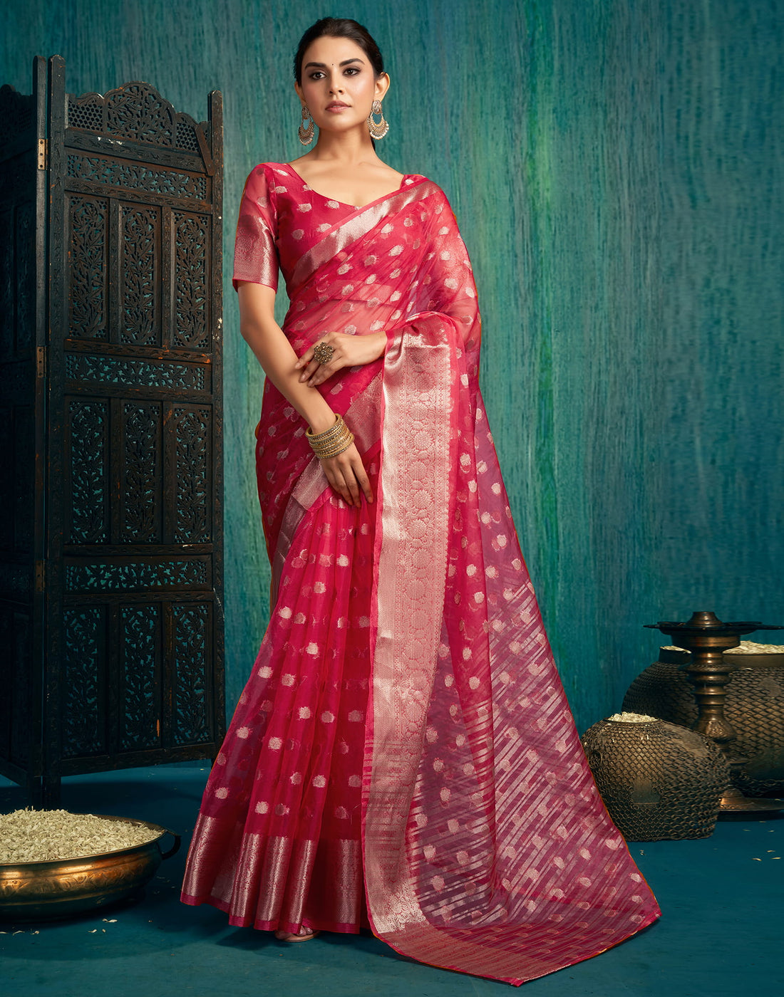 Red Organza Woven Foil Printed Saree