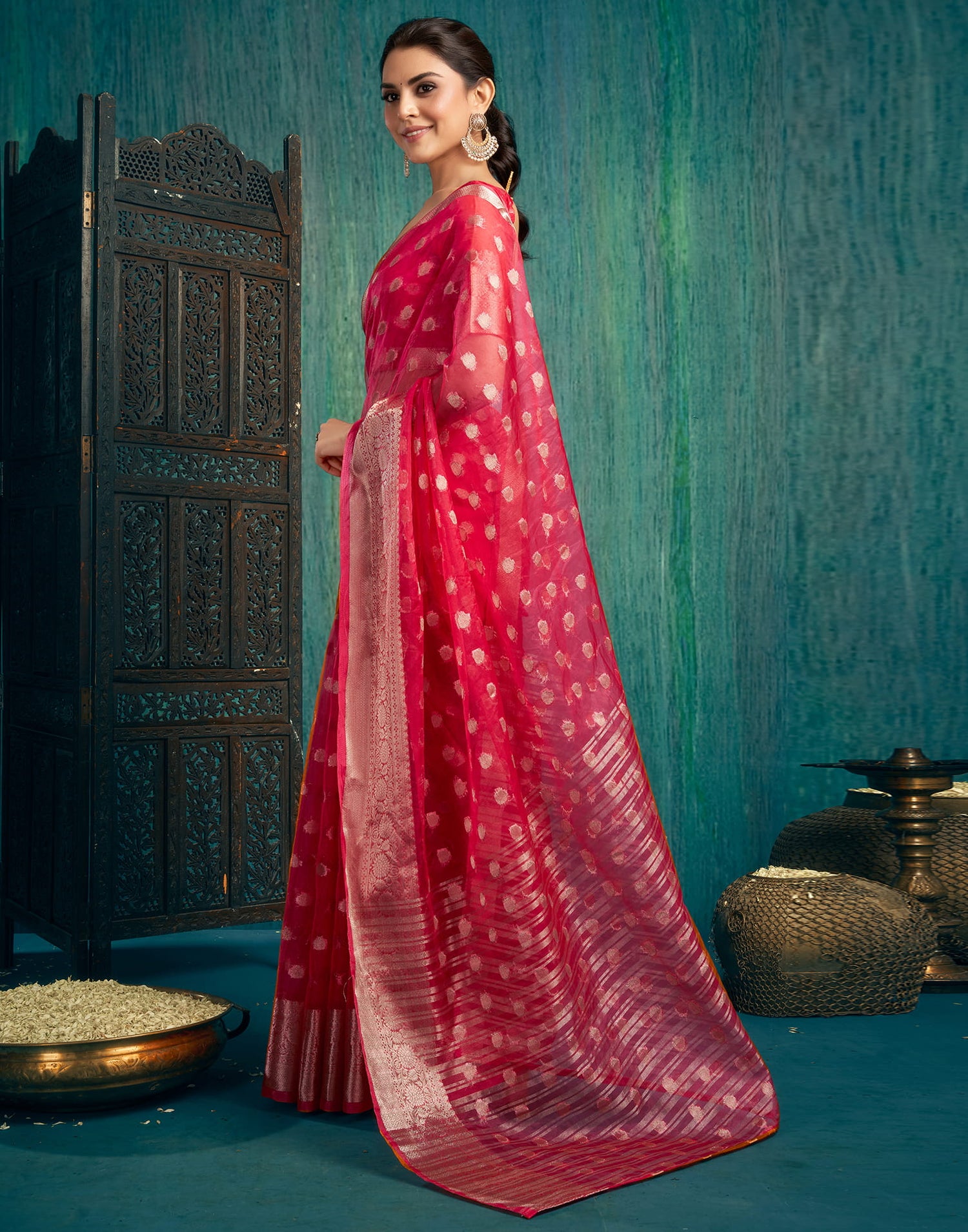 Red Organza Woven Saree