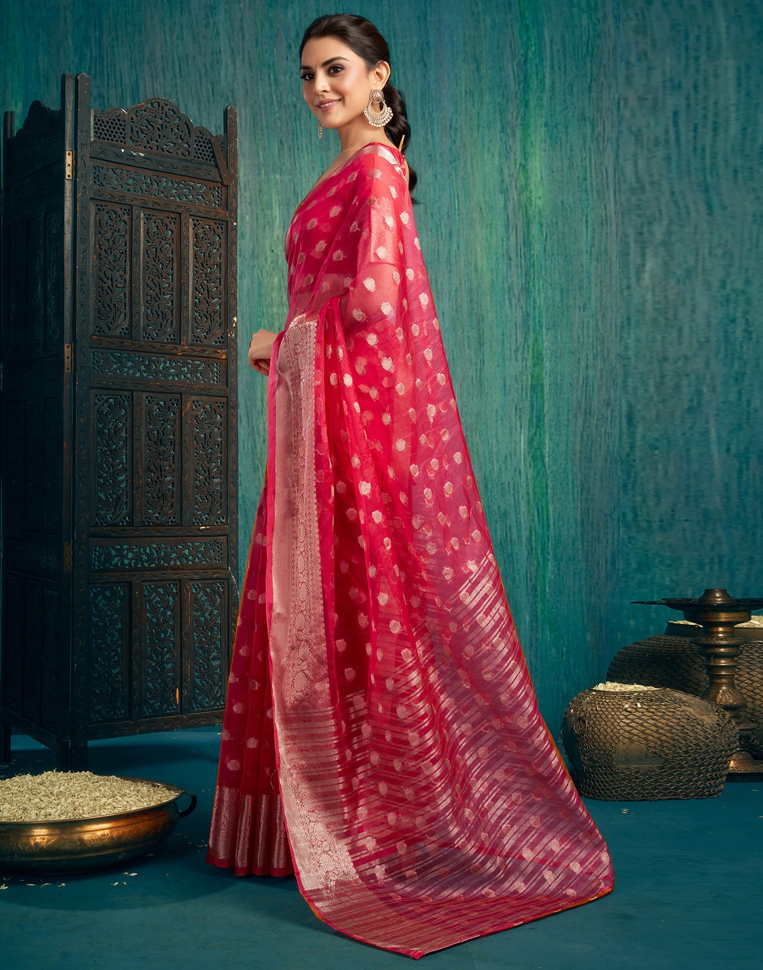 Red Organza Woven Foil Printed Saree