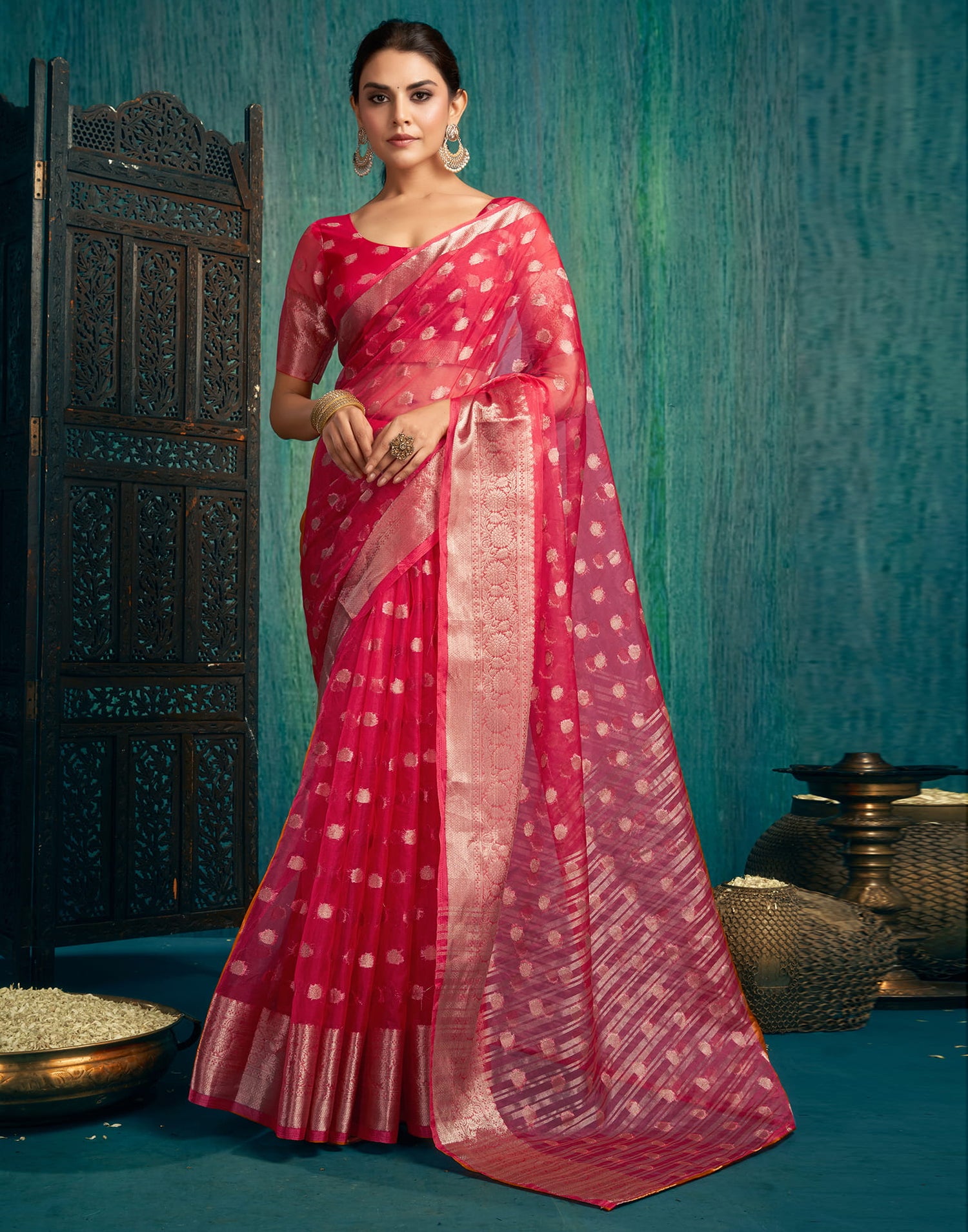 Red Organza Woven Saree