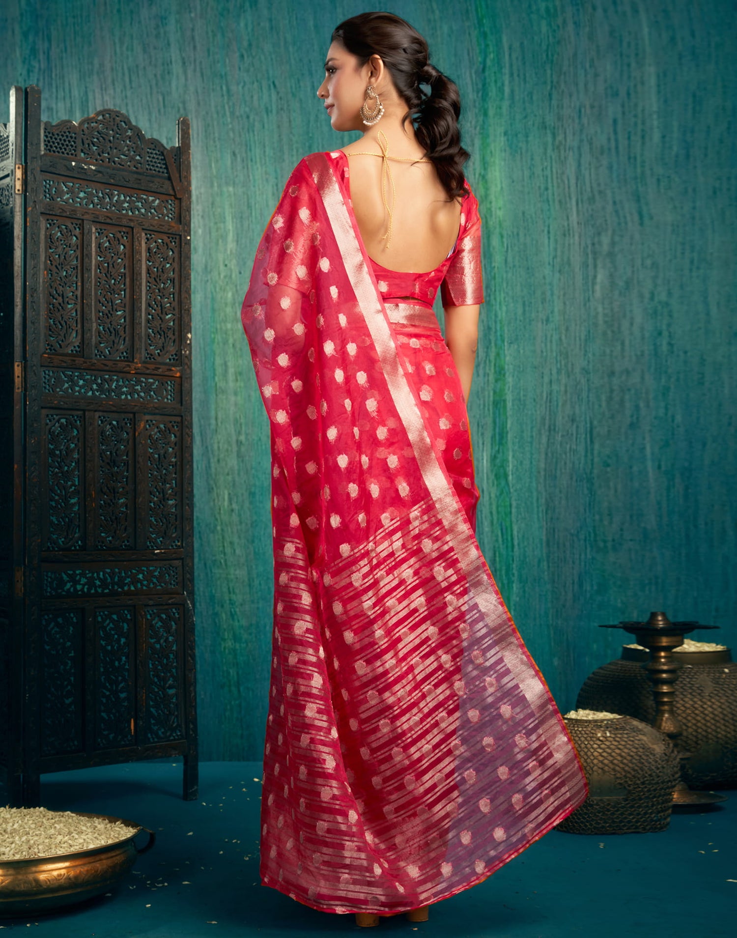 Red Organza Woven Saree