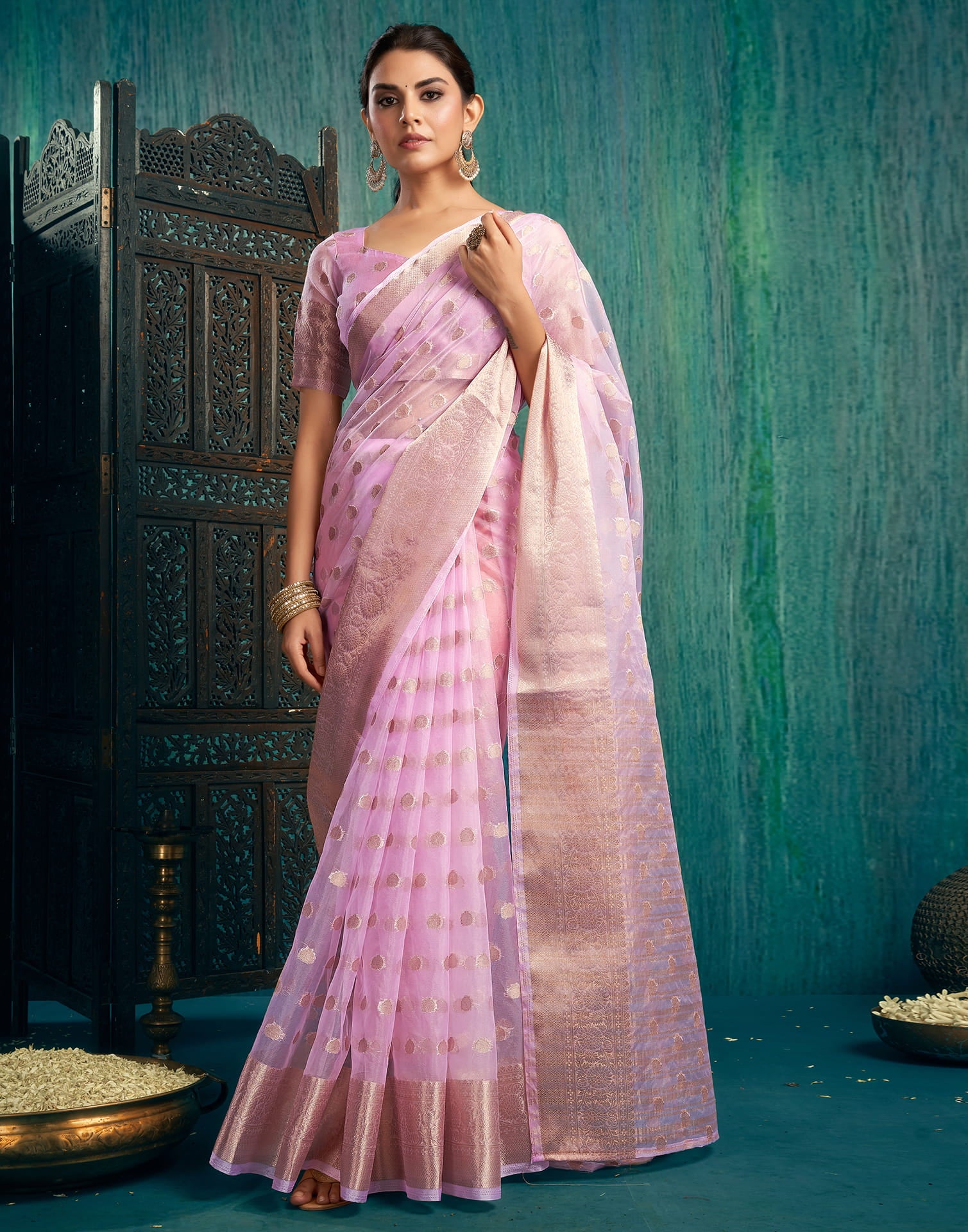 Light Pink Organza Woven Foil Printed Saree