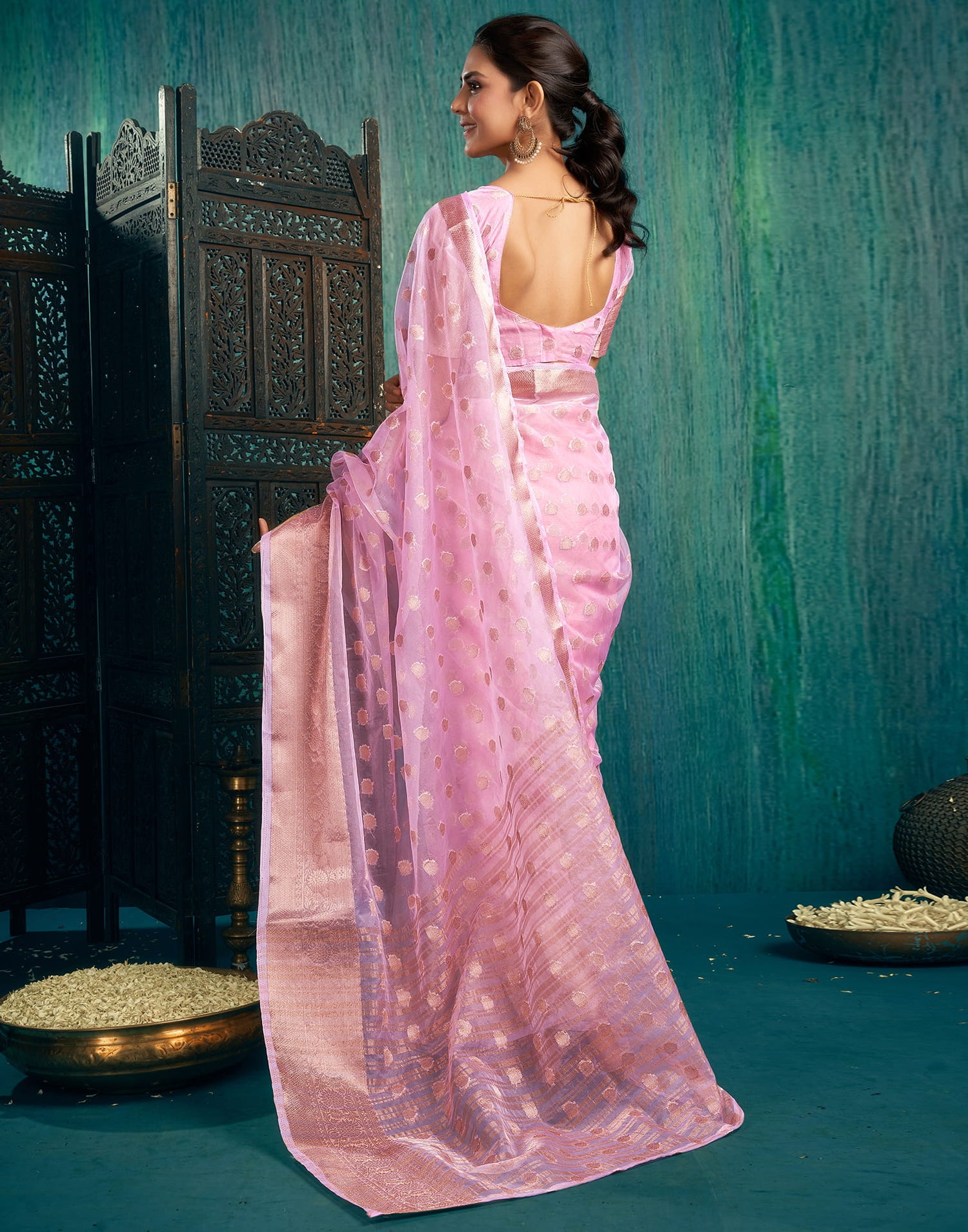 Light Pink Organza Woven Foil Printed Saree