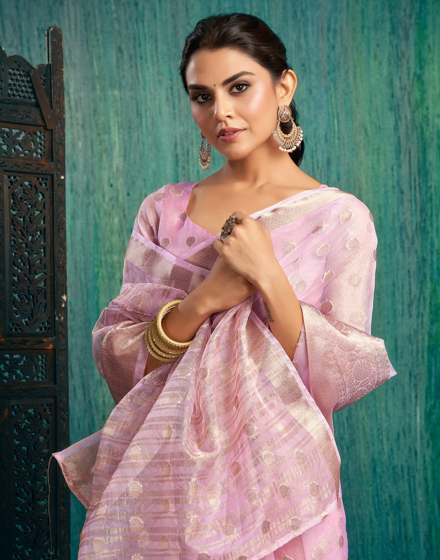 Light Pink Organza Woven Foil Printed Saree