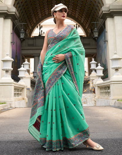 Turquoise Linen Woven Saree