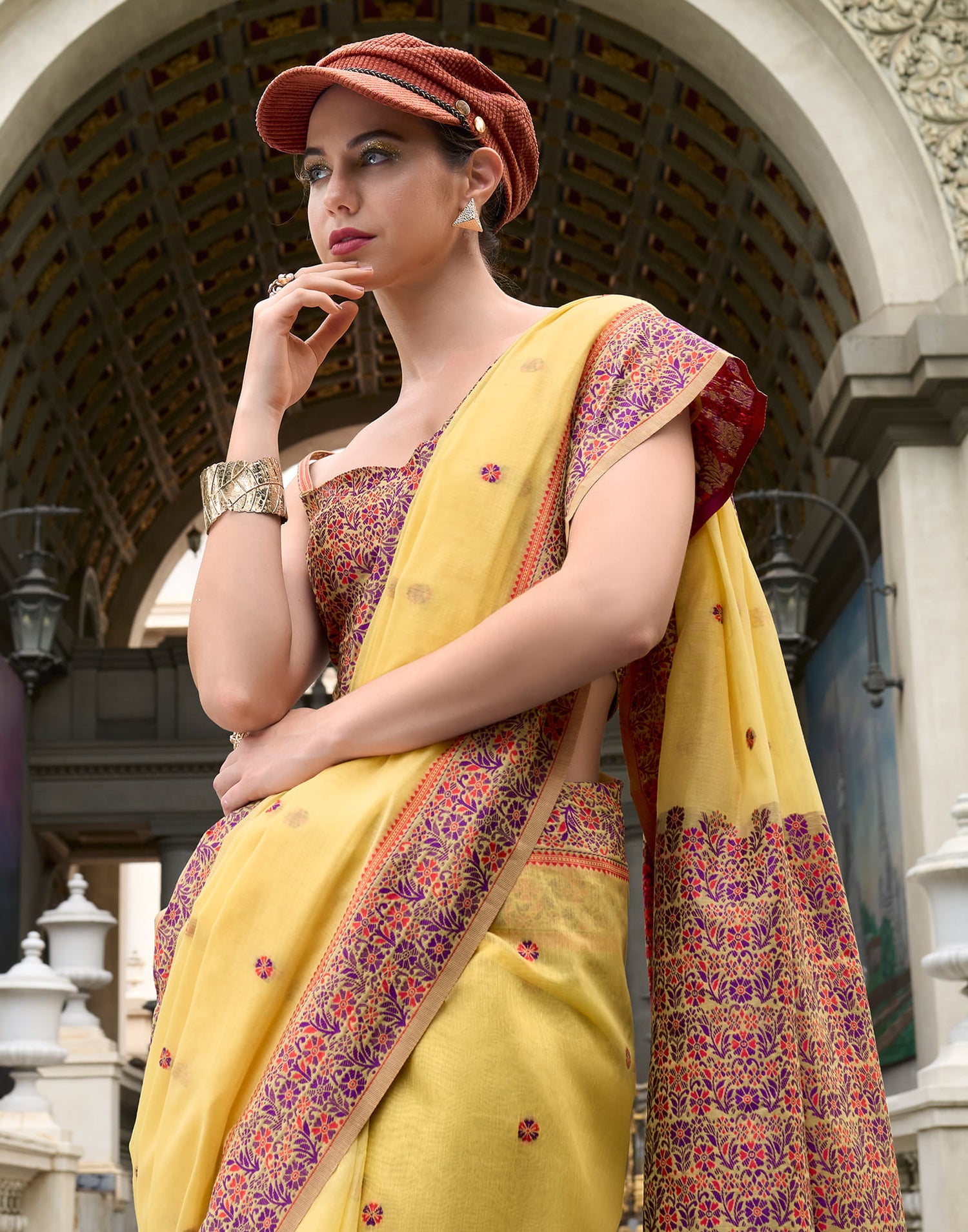 Yellow Linen Woven Saree