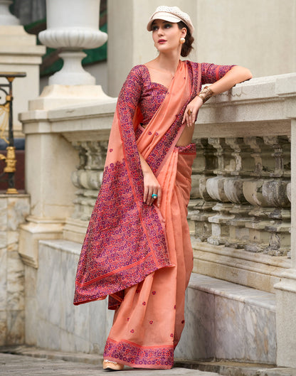 Peach Pink Linen Woven Saree