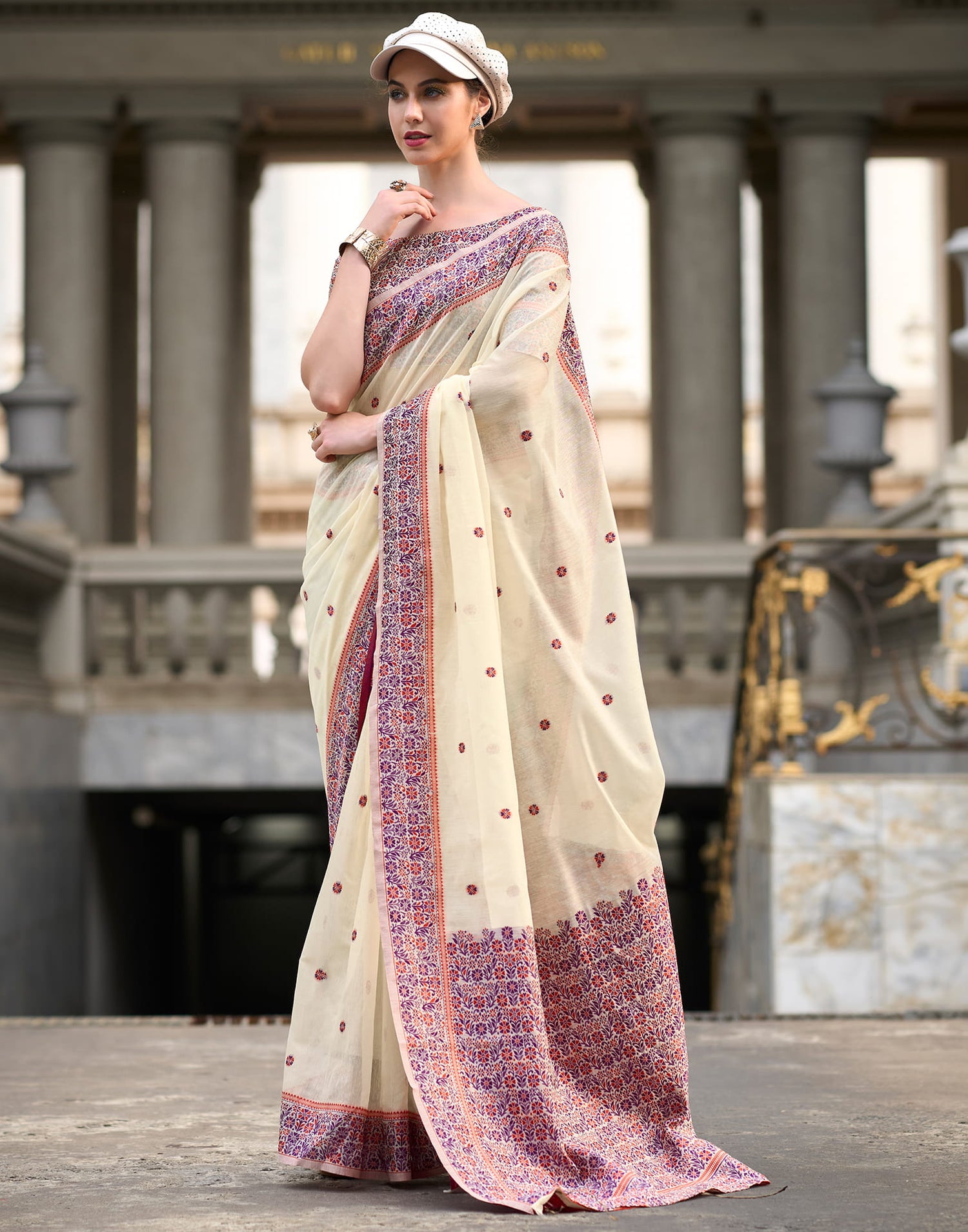 Cream Linen Woven Saree