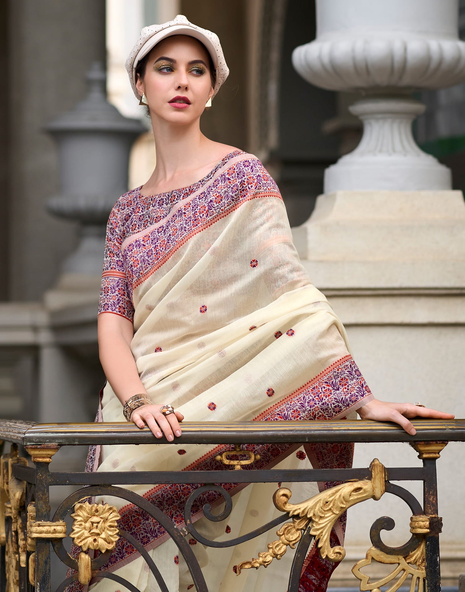 Cream Linen Woven Saree