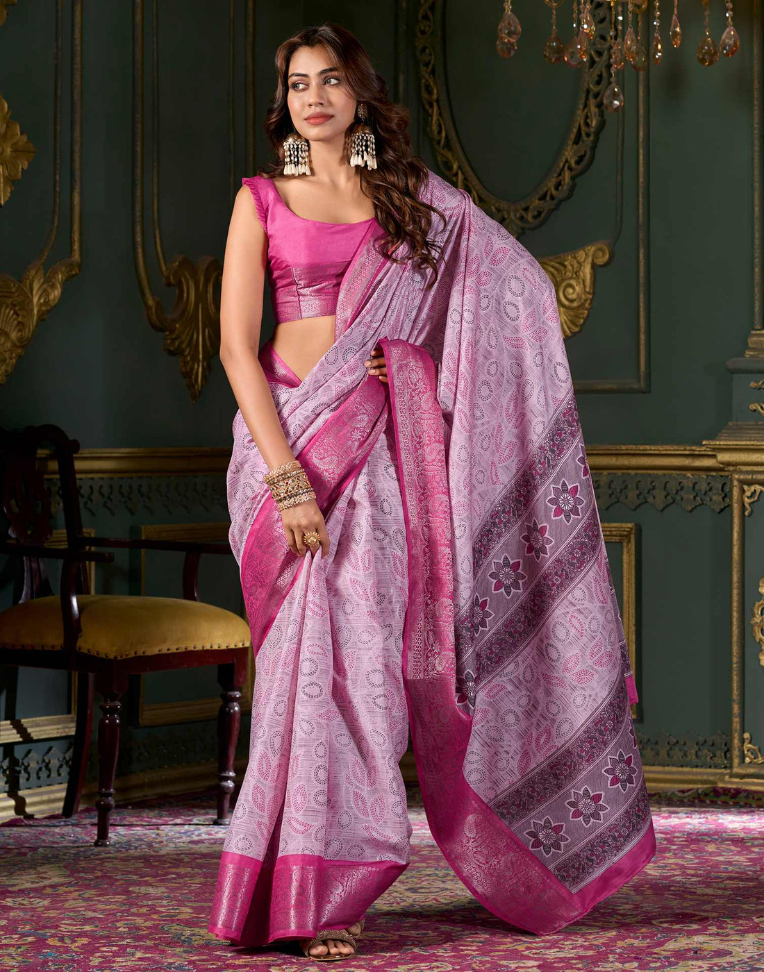Light Pink Printed Silk Saree