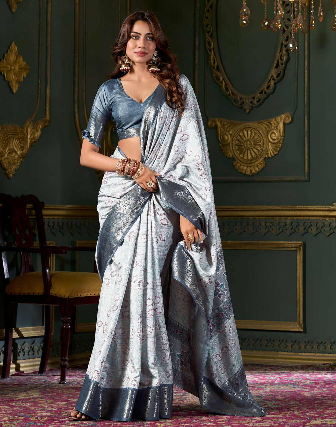 Light Grey Printed Silk Saree