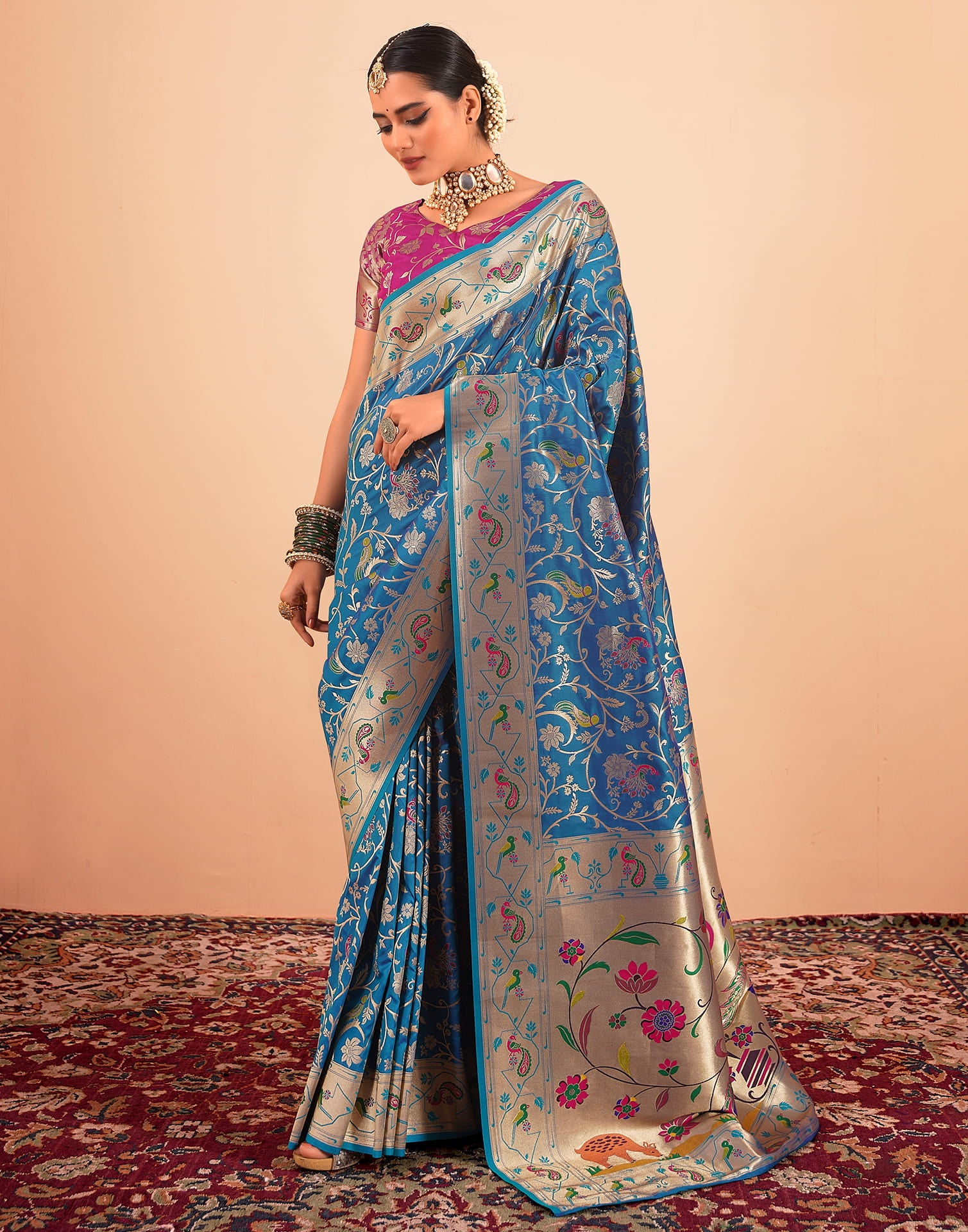 Teal Blue Silk Woven Paithani Saree