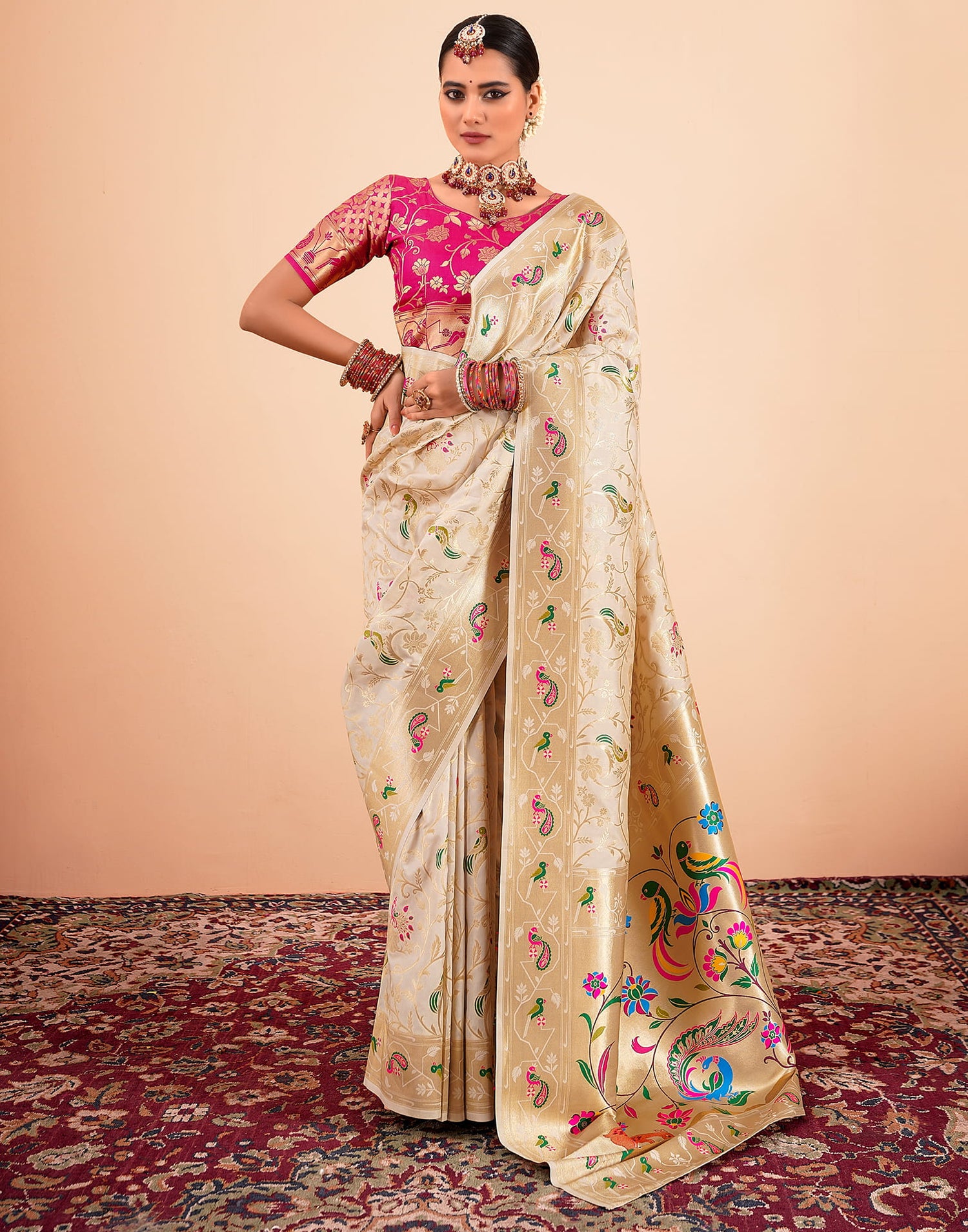 Cream Silk Woven Paithani Saree