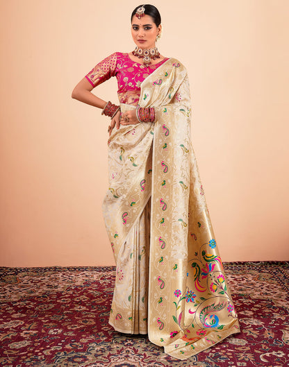 Cream Silk Woven Paithani Saree