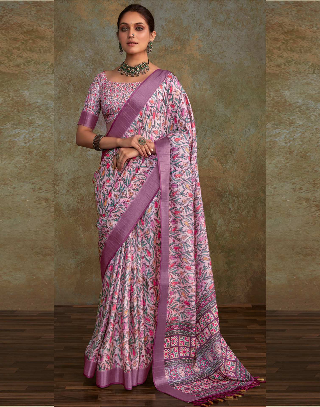 Light Pink Floral Printed Silk Saree