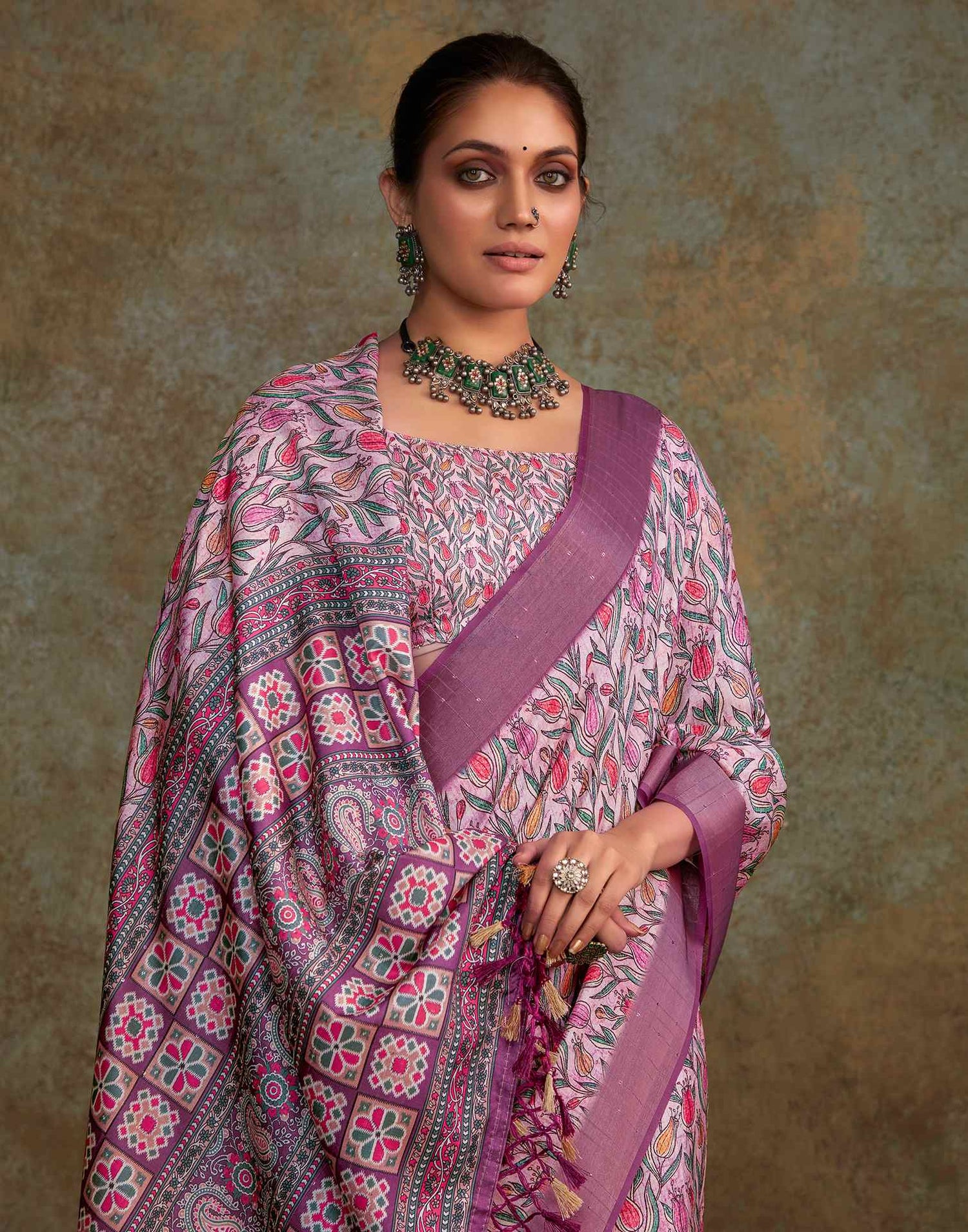 Light Pink Floral Printed Silk Saree