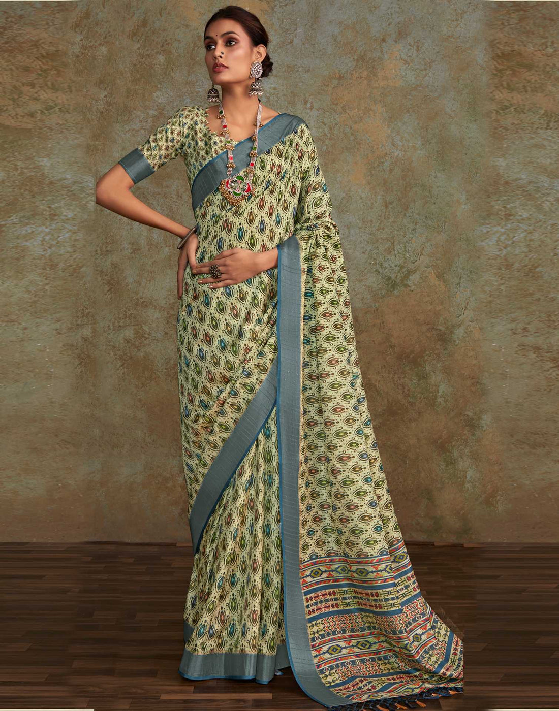 Light Pista Green Printed Silk Saree