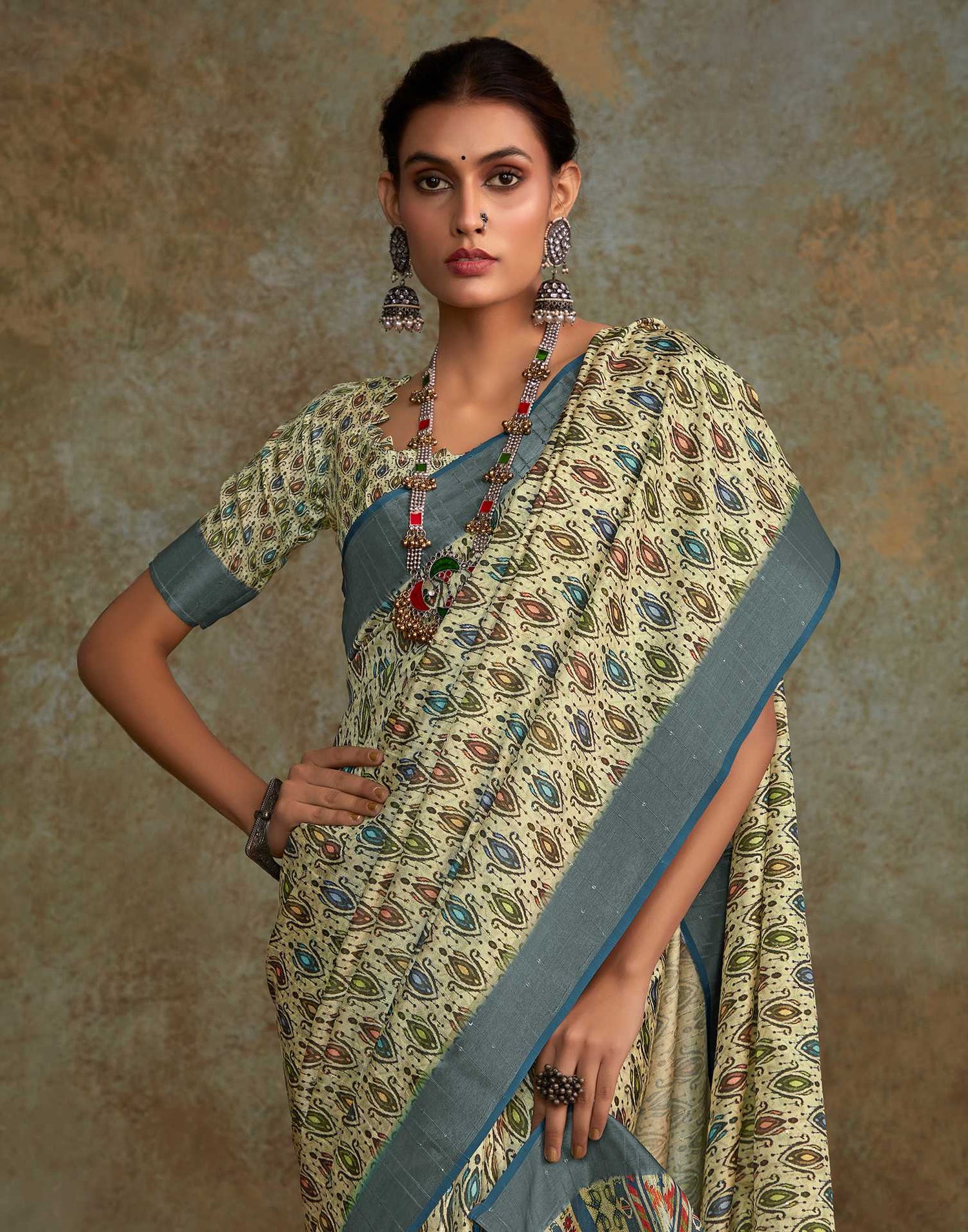 Light Pista Green Printed Silk Saree