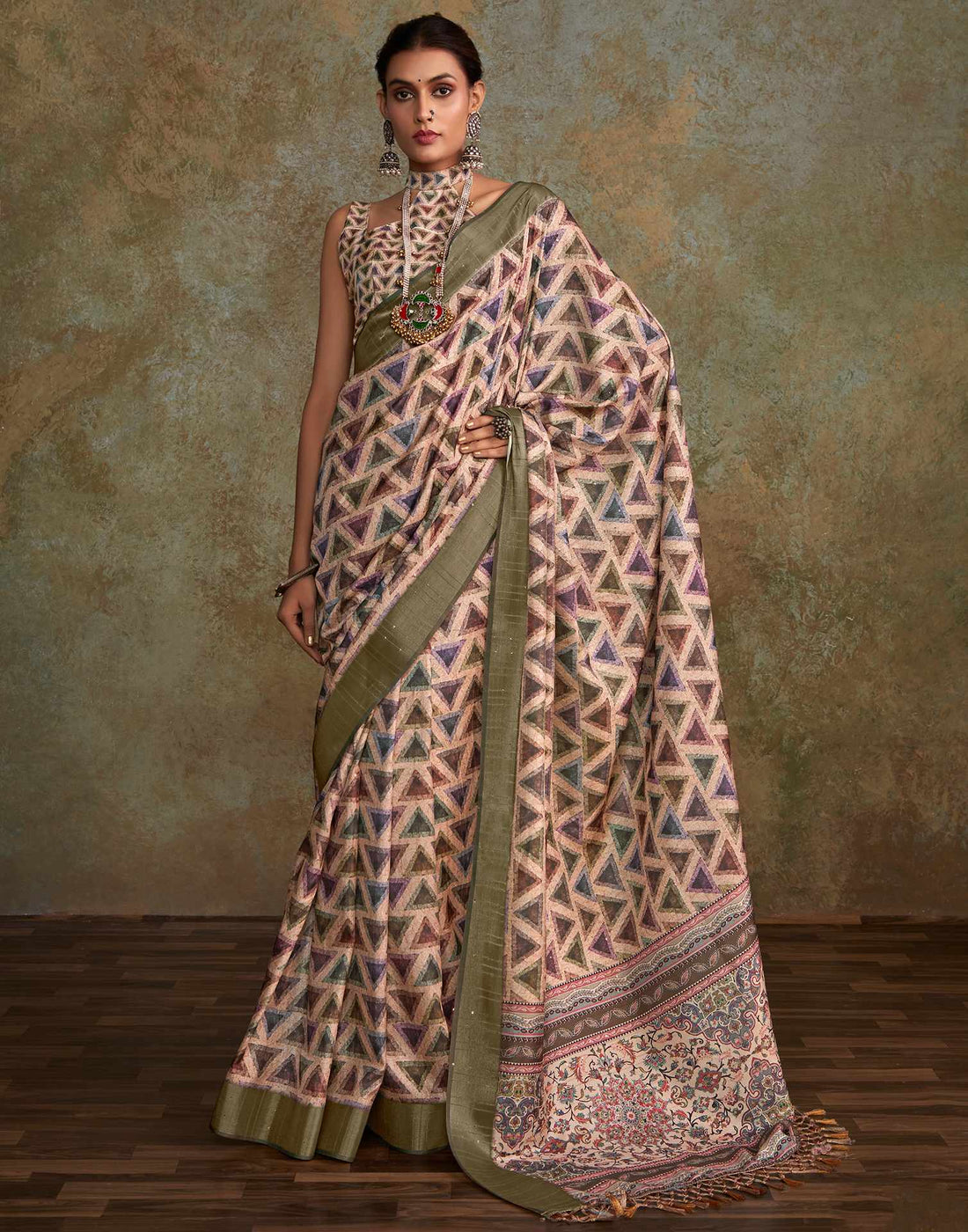 Beige Geometric Printed Silk Saree