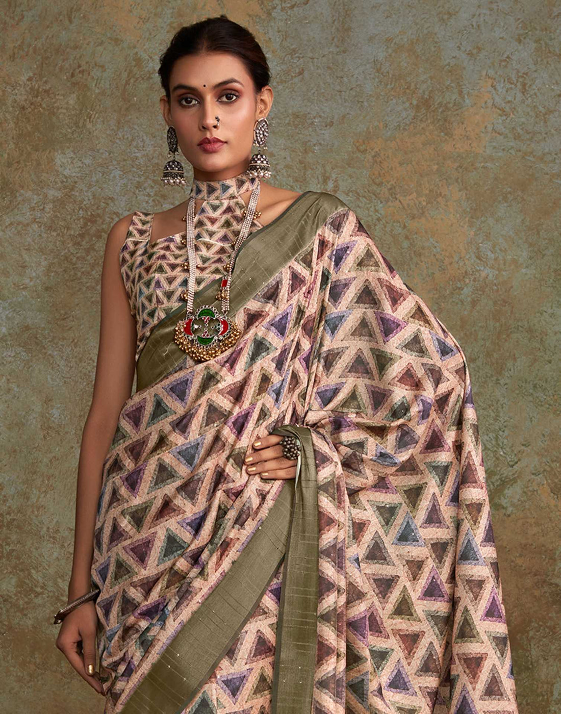 Beige Geometric Printed Silk Saree