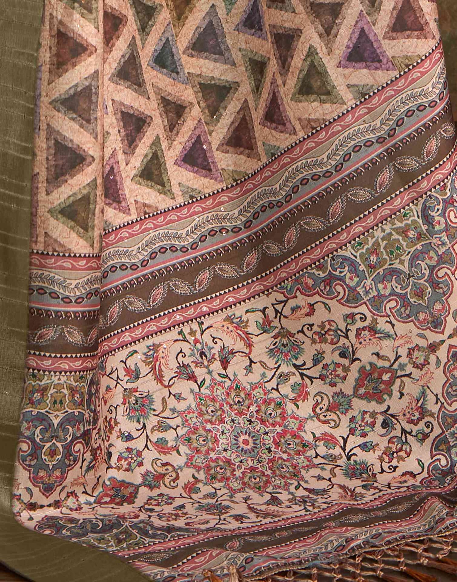 Beige Geometric Printed Silk Saree