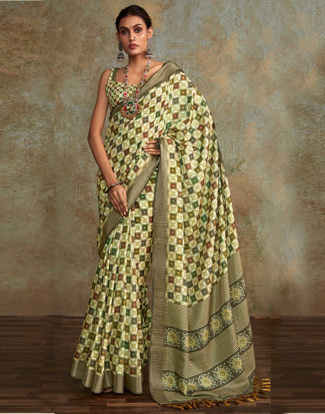 Tea Green Geometric Printed Silk Saree