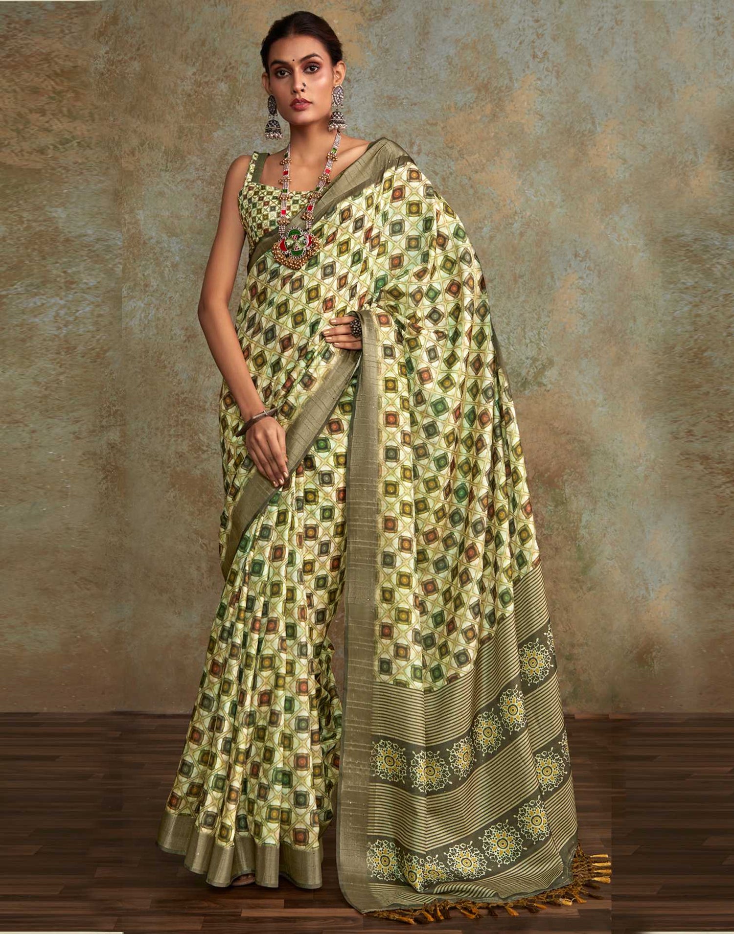 Tea Green Geometric Printed Silk Saree