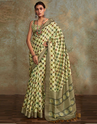 Tea Green Geometric Printed Silk Saree