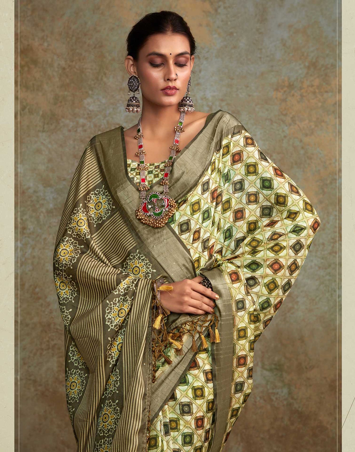 Tea Green Geometric Printed Silk Saree