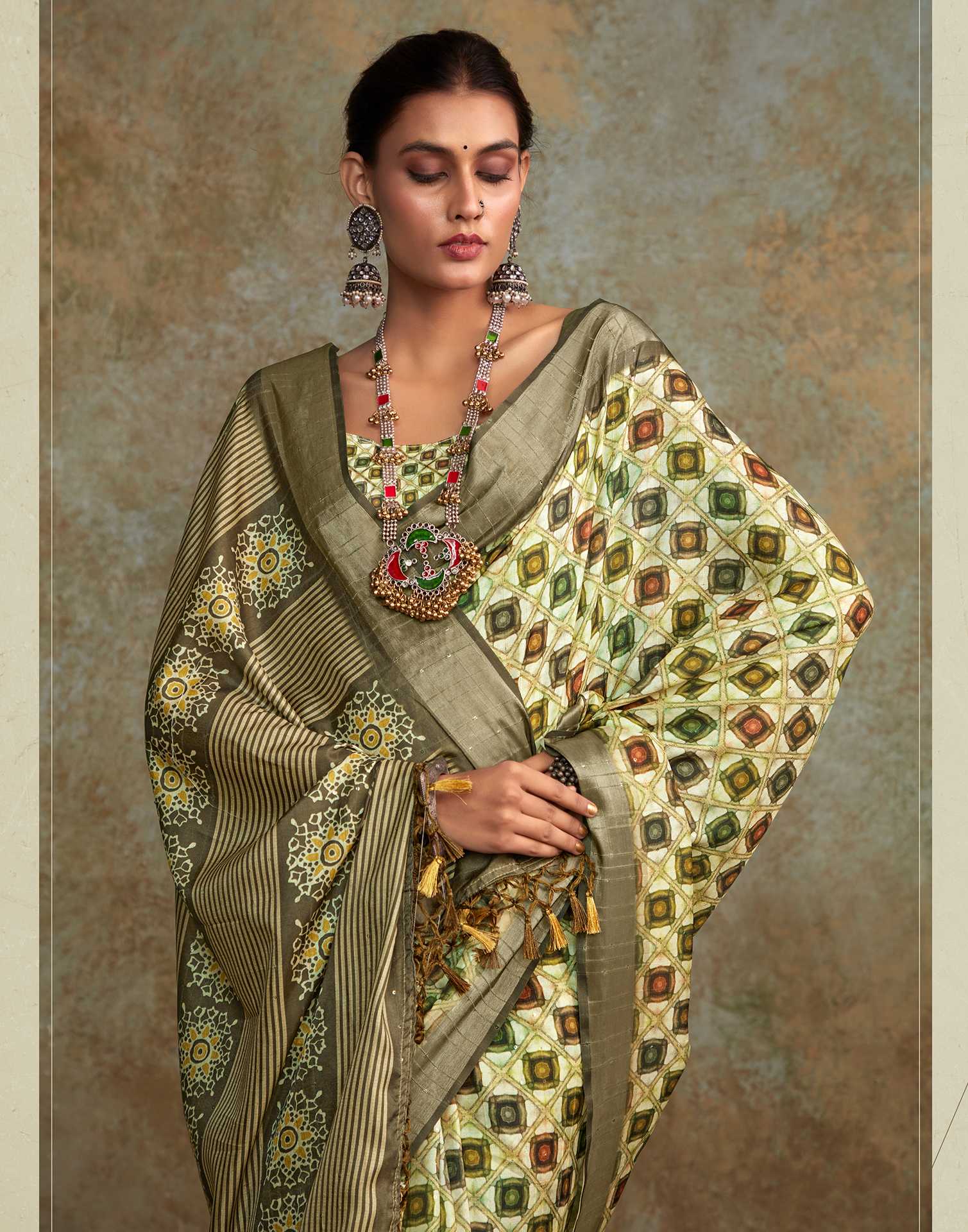Tea Green Geometric Printed Silk Saree