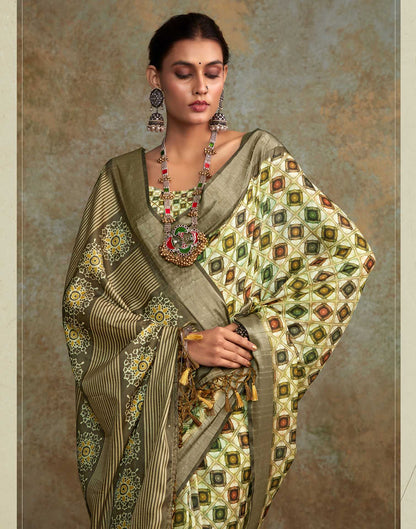 Tea Green Geometric Printed Silk Saree