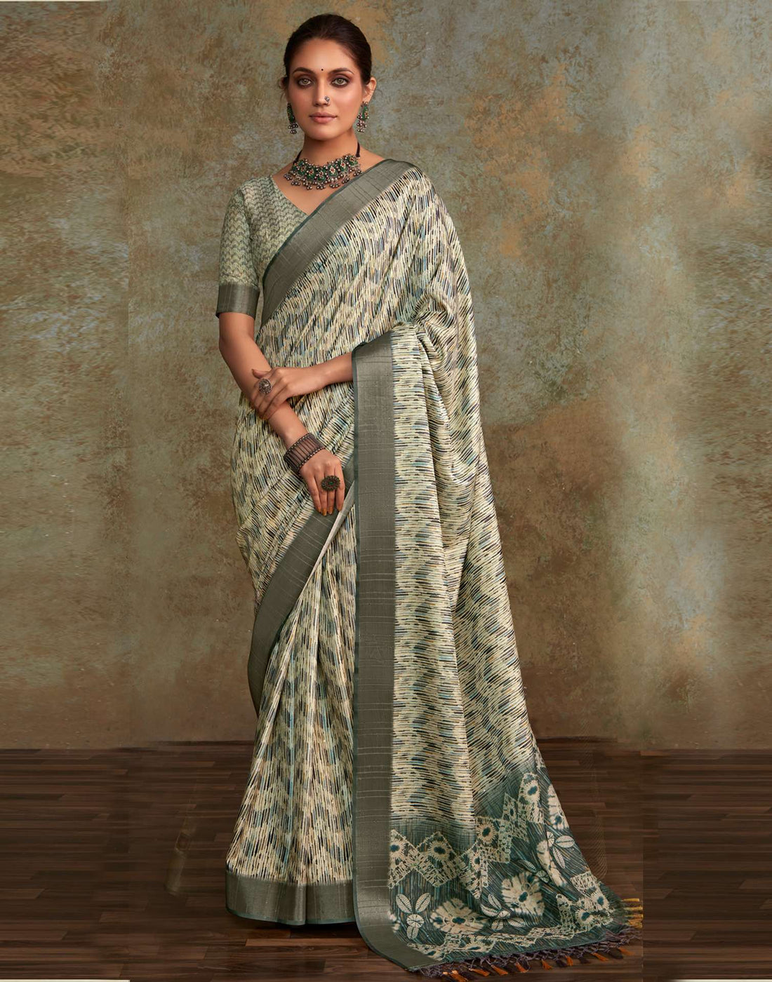 Off White Geometric Printed Silk Saree