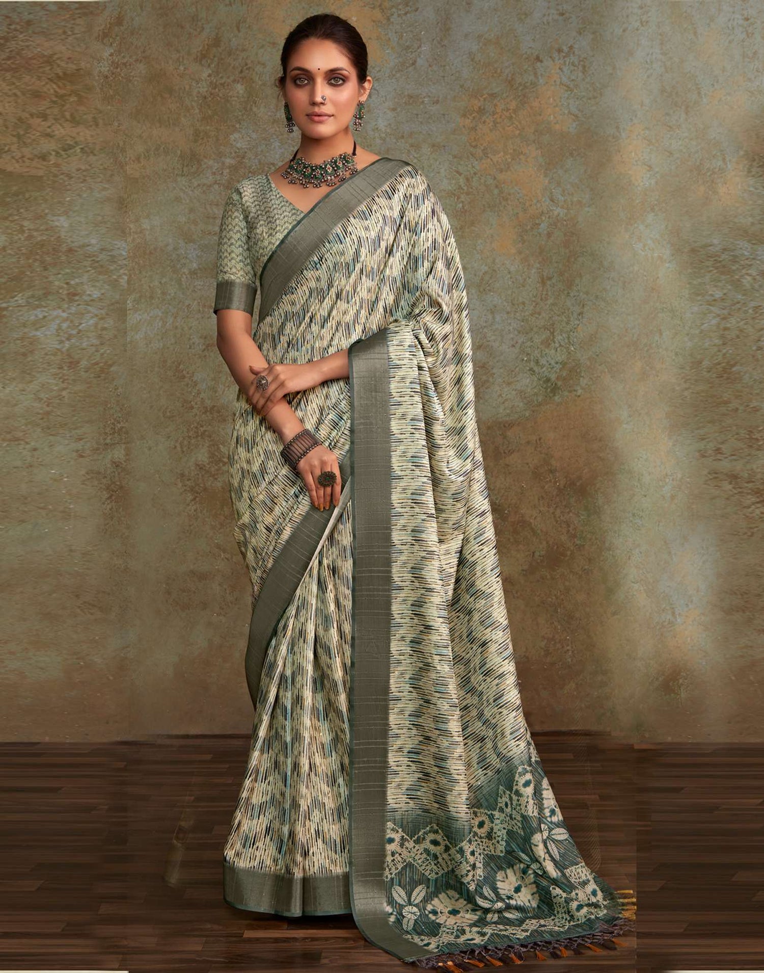 Off White Geometric Printed Silk Saree