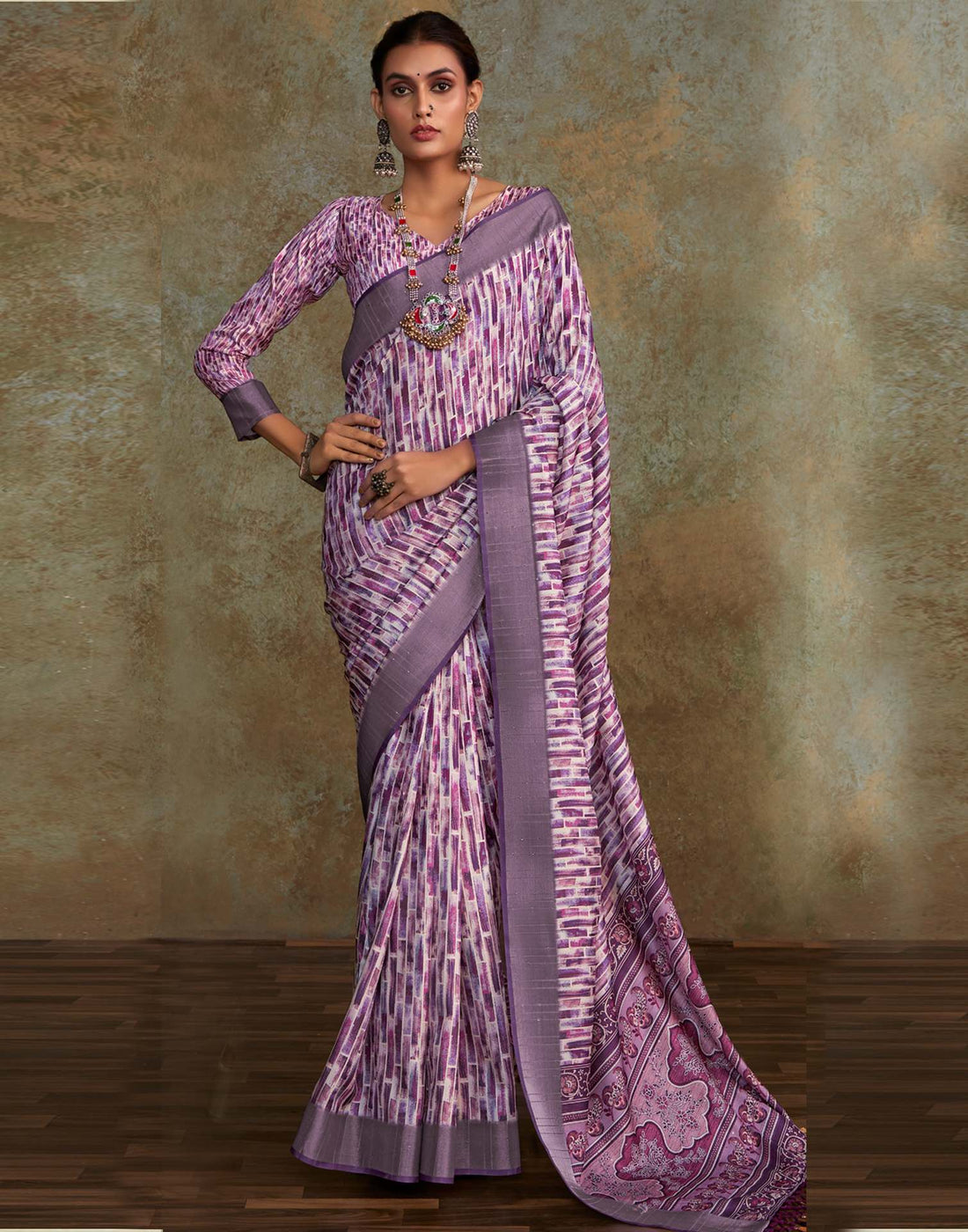Purple Geometric Printed Silk Saree