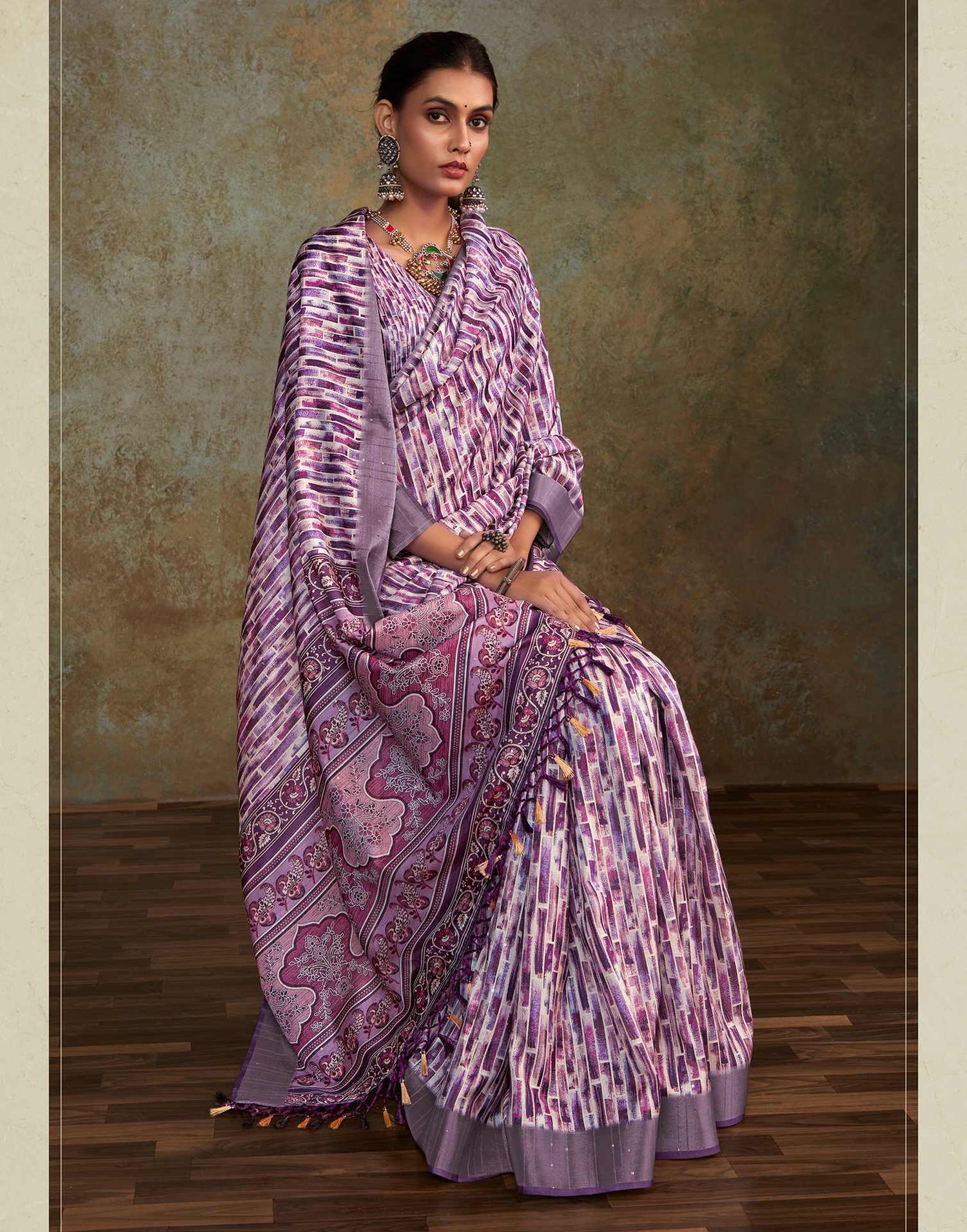 Purple Geometric Printed Silk Saree