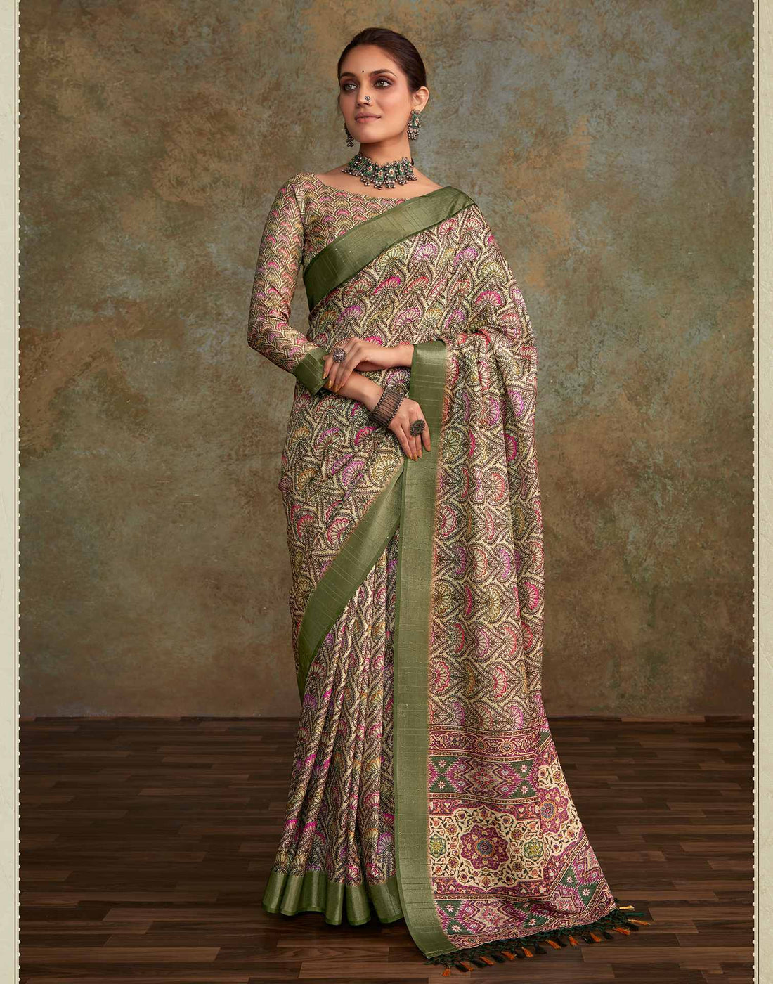Light Green Floral Printed Silk Saree