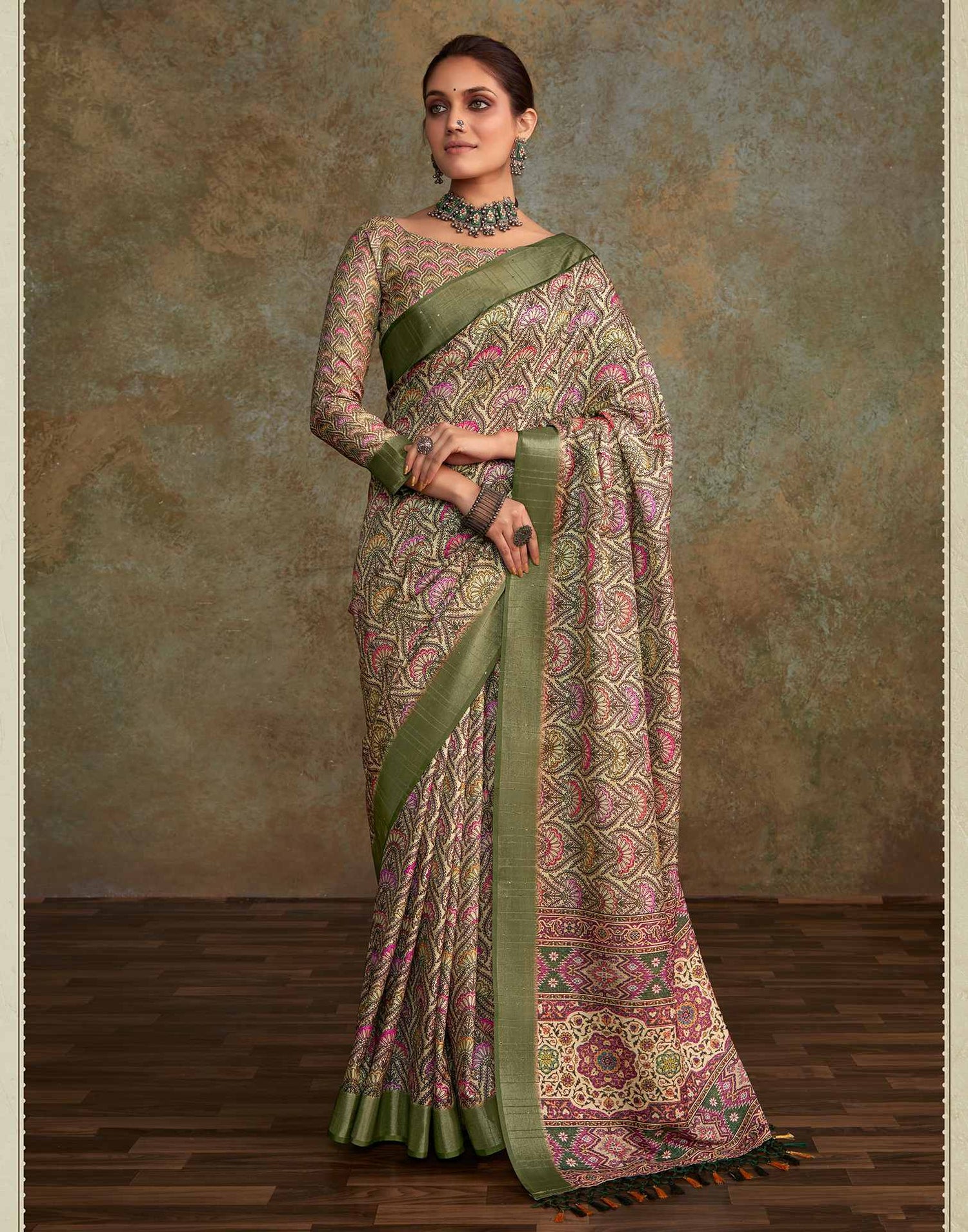Light Green Floral Printed Silk Saree