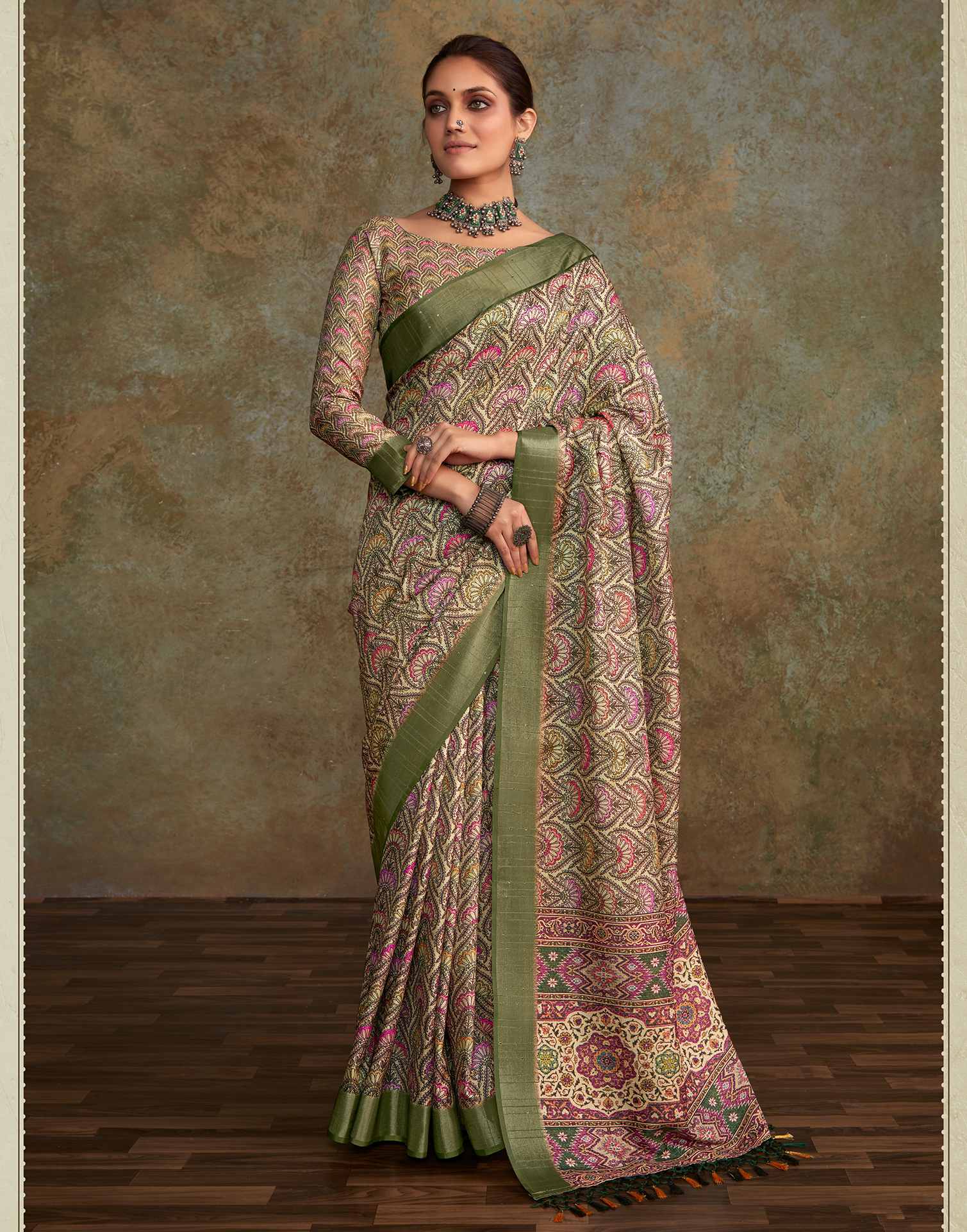 Light Green Floral Printed Silk Saree