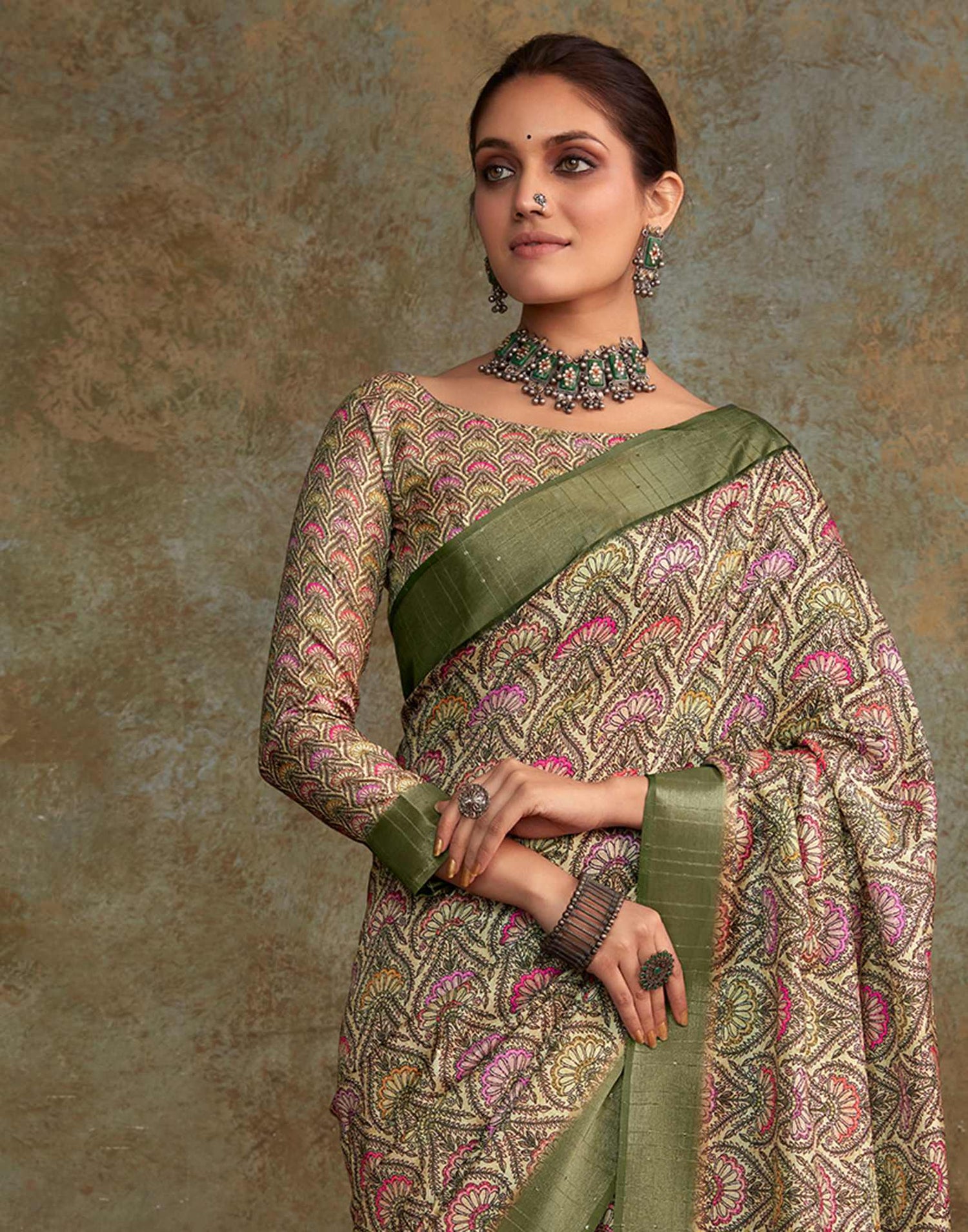 Light Green Floral Printed Silk Saree