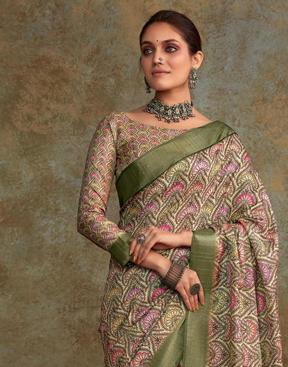 Light Green Floral Printed Silk Saree