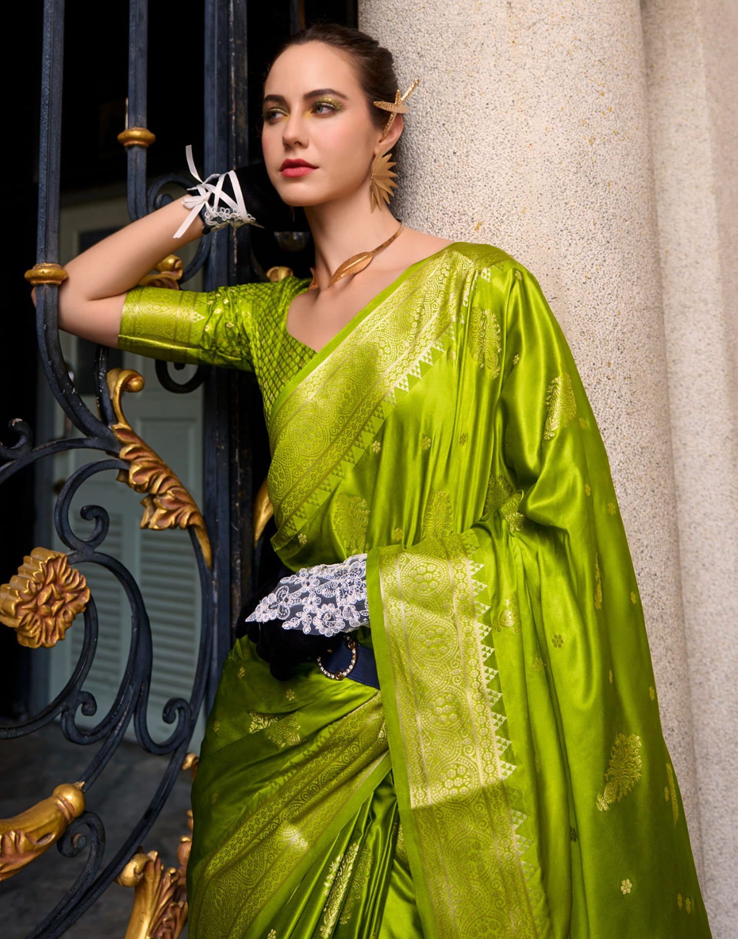 Lime Green Silk Woven Banarasi Saree