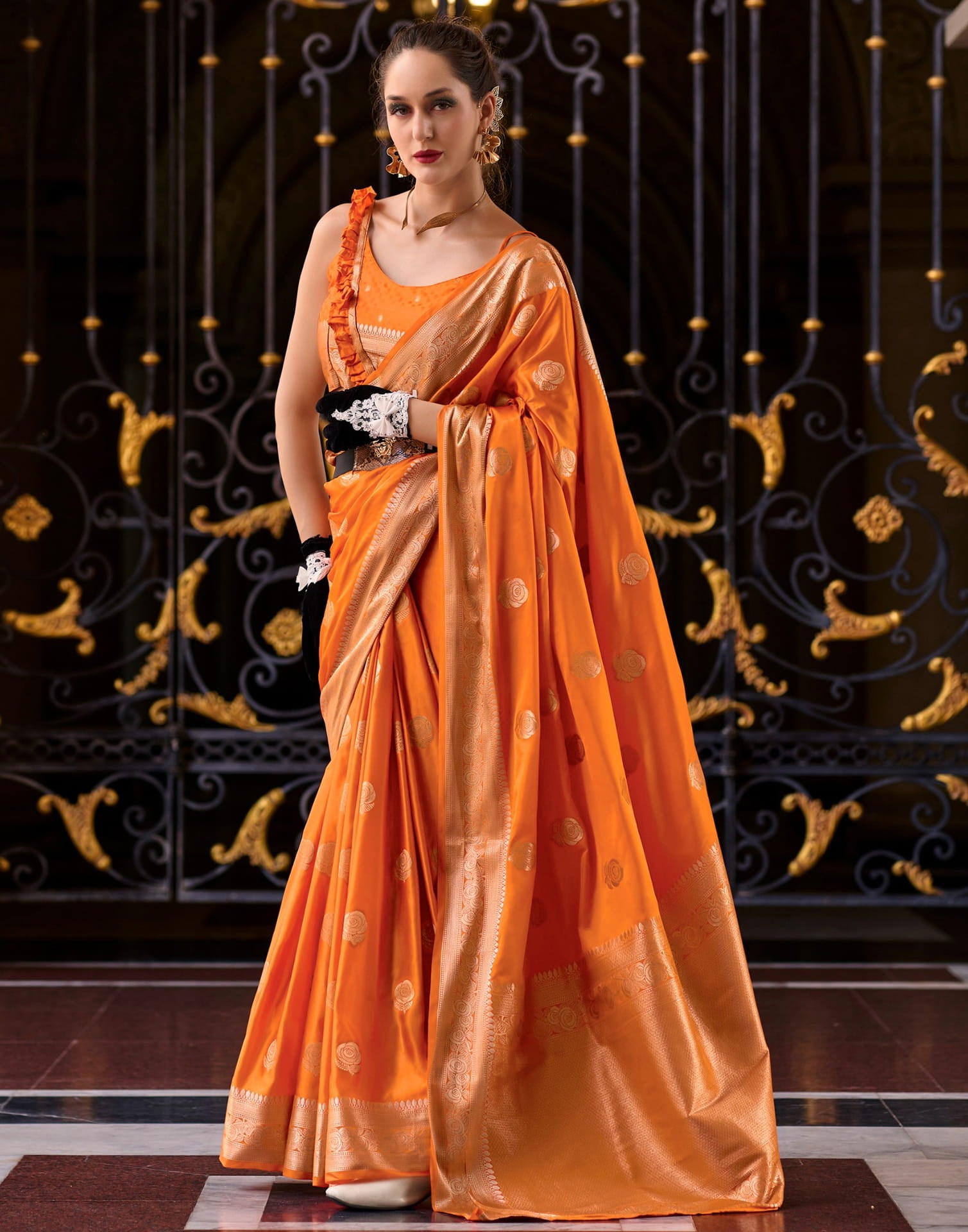 Orange Silk Woven Banarasi Saree