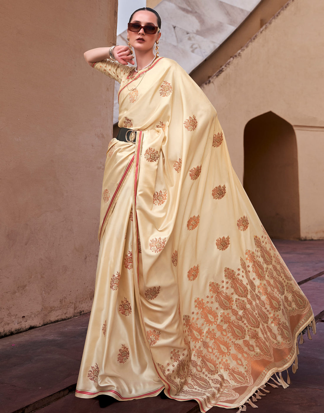 Cream Silk Woven Banarasi Saree